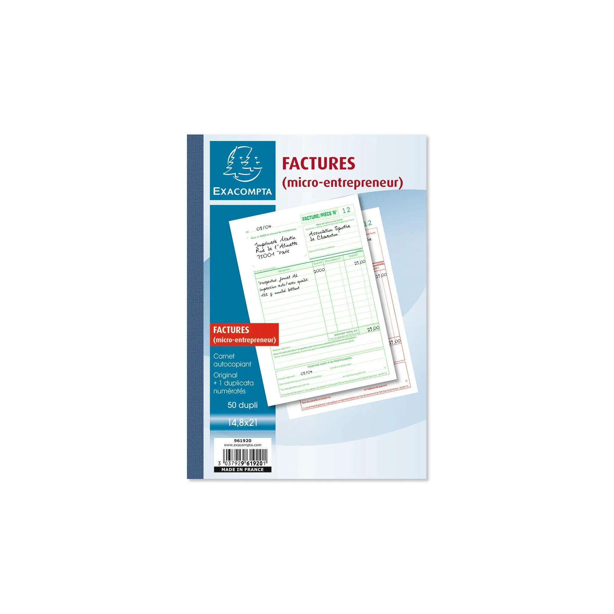 EXACOMPTA Carnet autocopiant Facture micor entrepreneur x50 dupli
