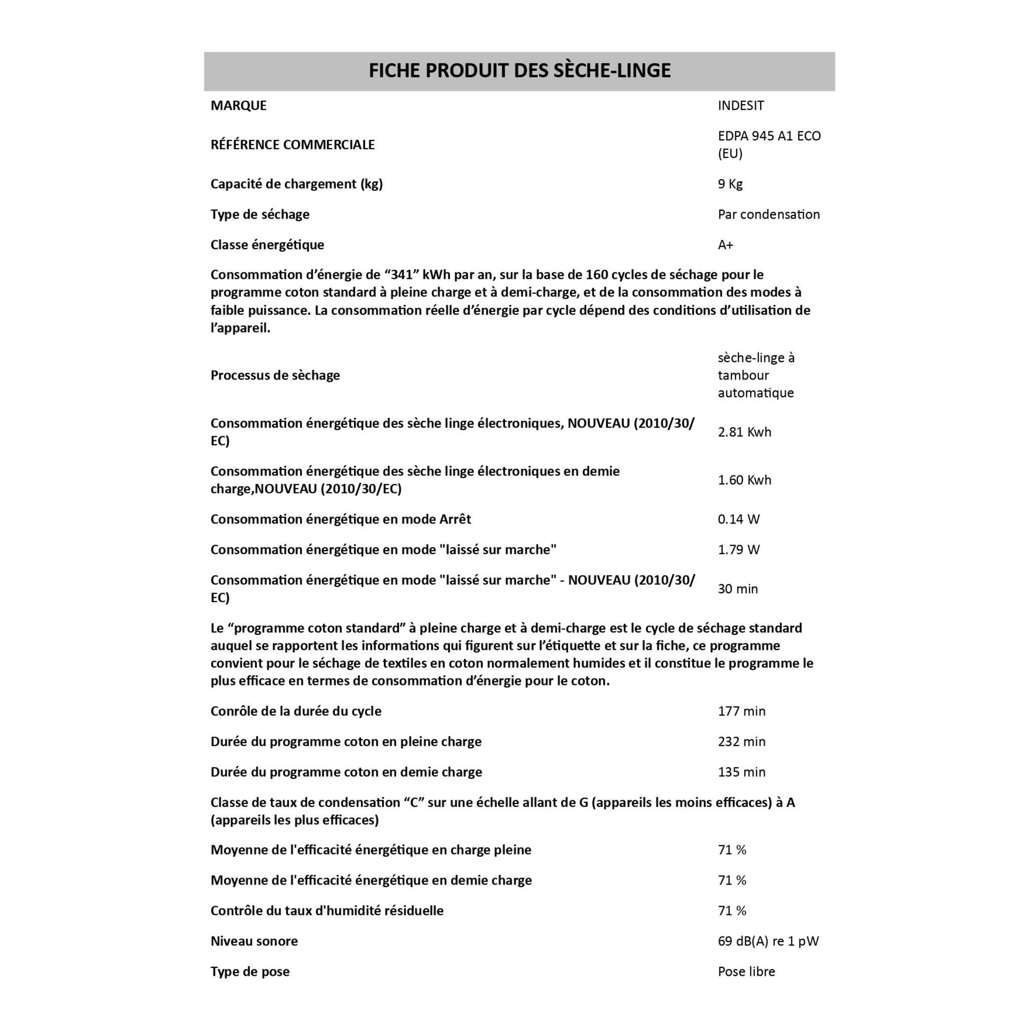 Voir la diapositive 2 : INDESIT Sèche-linge porte pleine EDPA 945 A1 ECO, 9 Kg, Condensation, Pompe à chaleur, A+