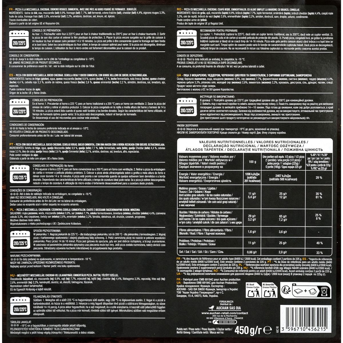 AUCHAN Pizza mega cheese aux 3 fromages et oignons rouges 450g