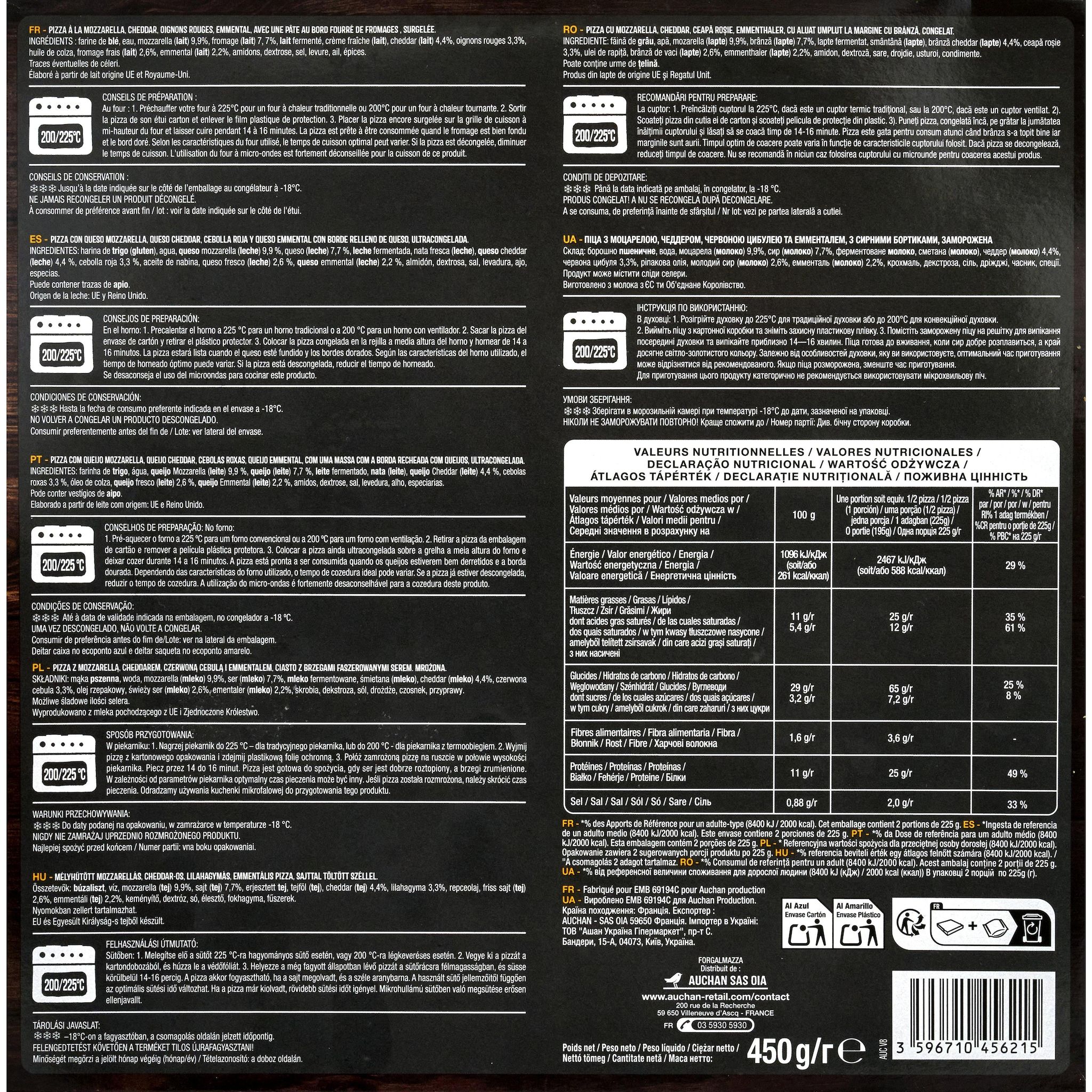 Voir la diapositive 2 : AUCHAN Pizza mega cheese aux 3 fromages et oignons rouges 450g