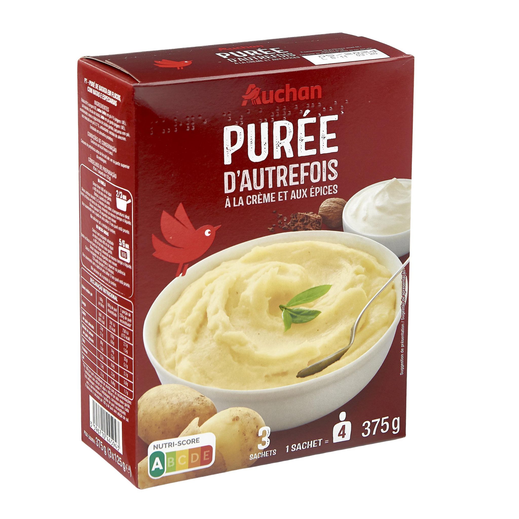 Voir la diapositive 2 : AUCHAN Purée saveurs d'autrefois à la crème et aux épices 3x4 personnes 3x125g