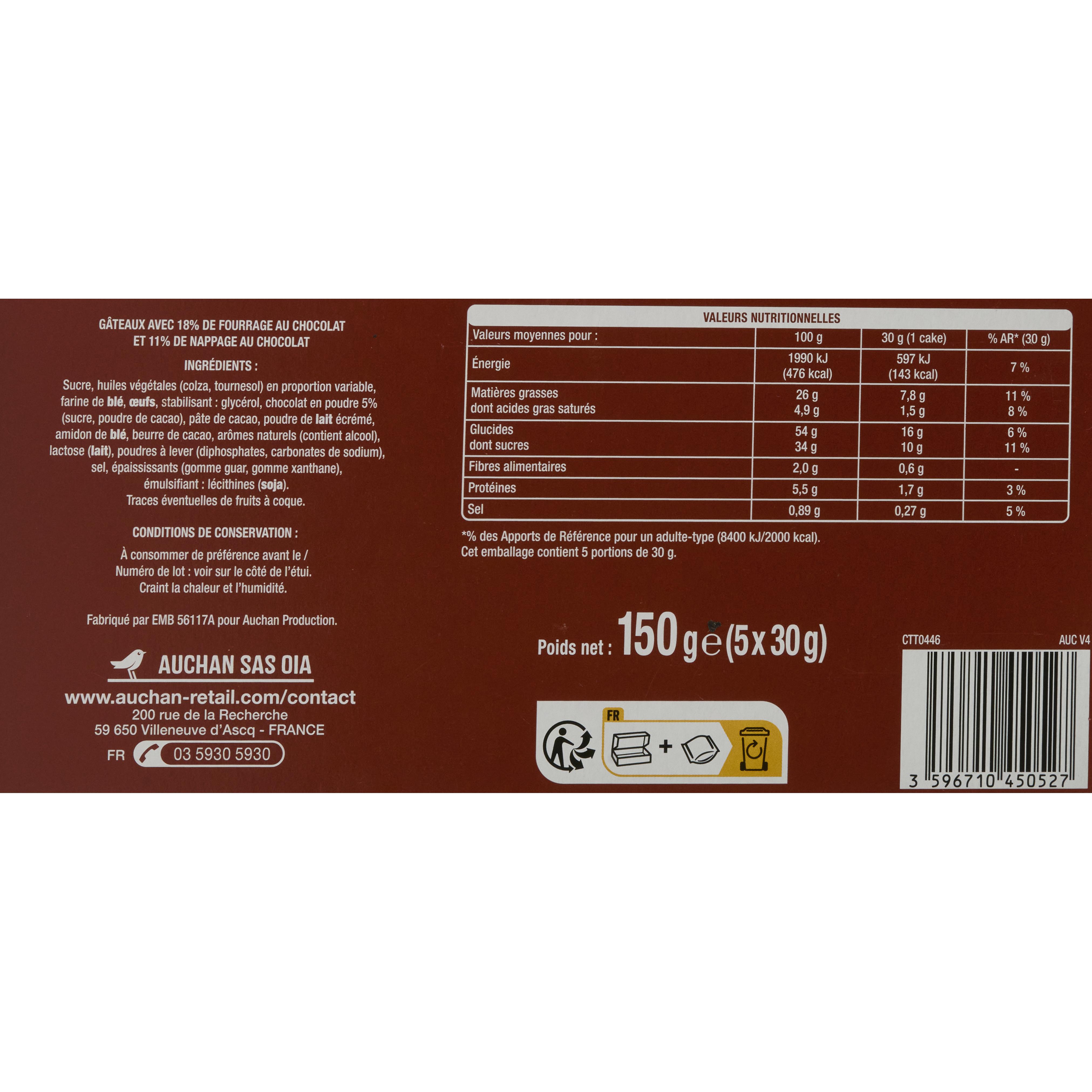 Voir la diapositive 2 : AUCHAN Mini cakes fourrés au chocolat 5 gâteaux 150g