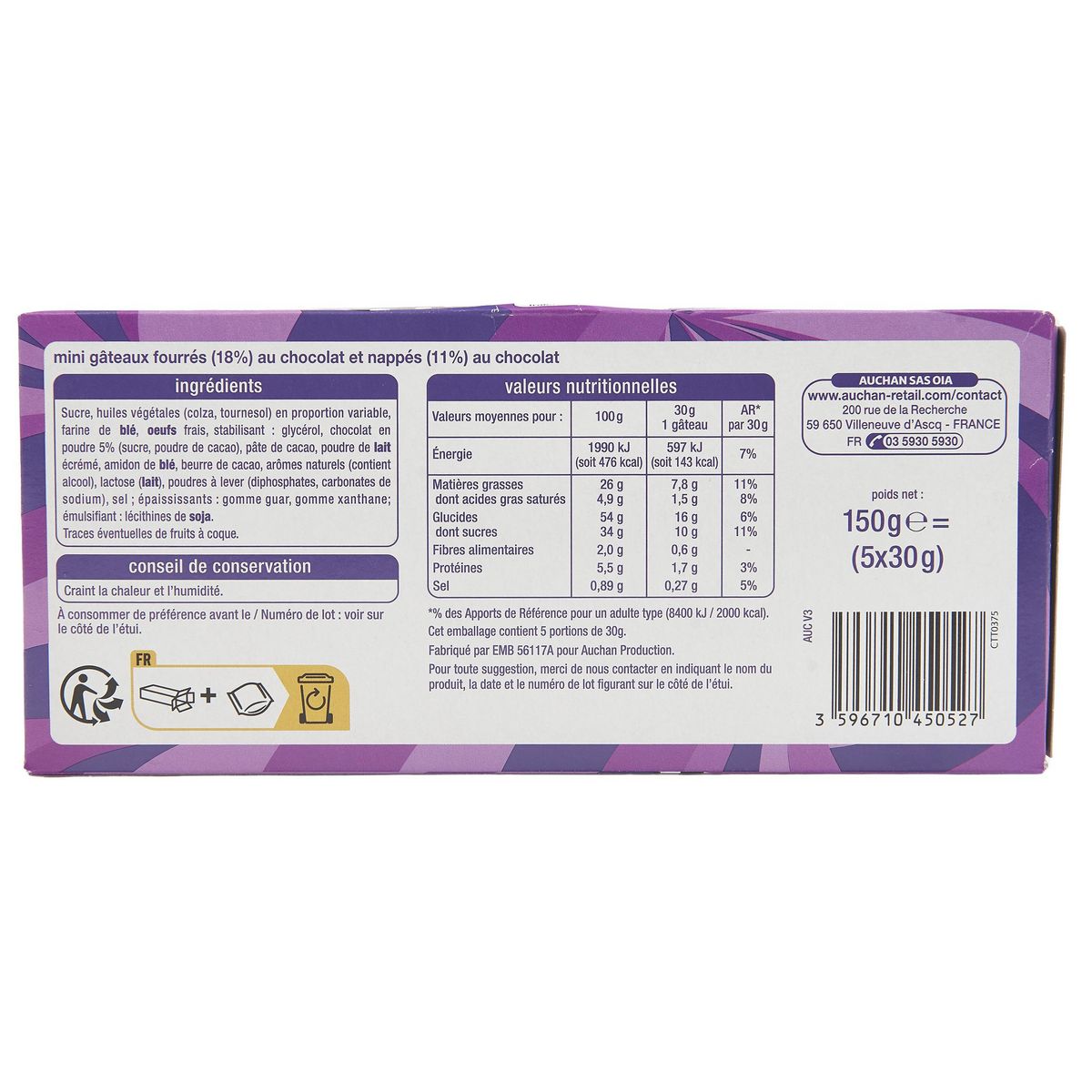 AUCHAN Mini cakes fourrés au chocolat 5 gâteaux 150g