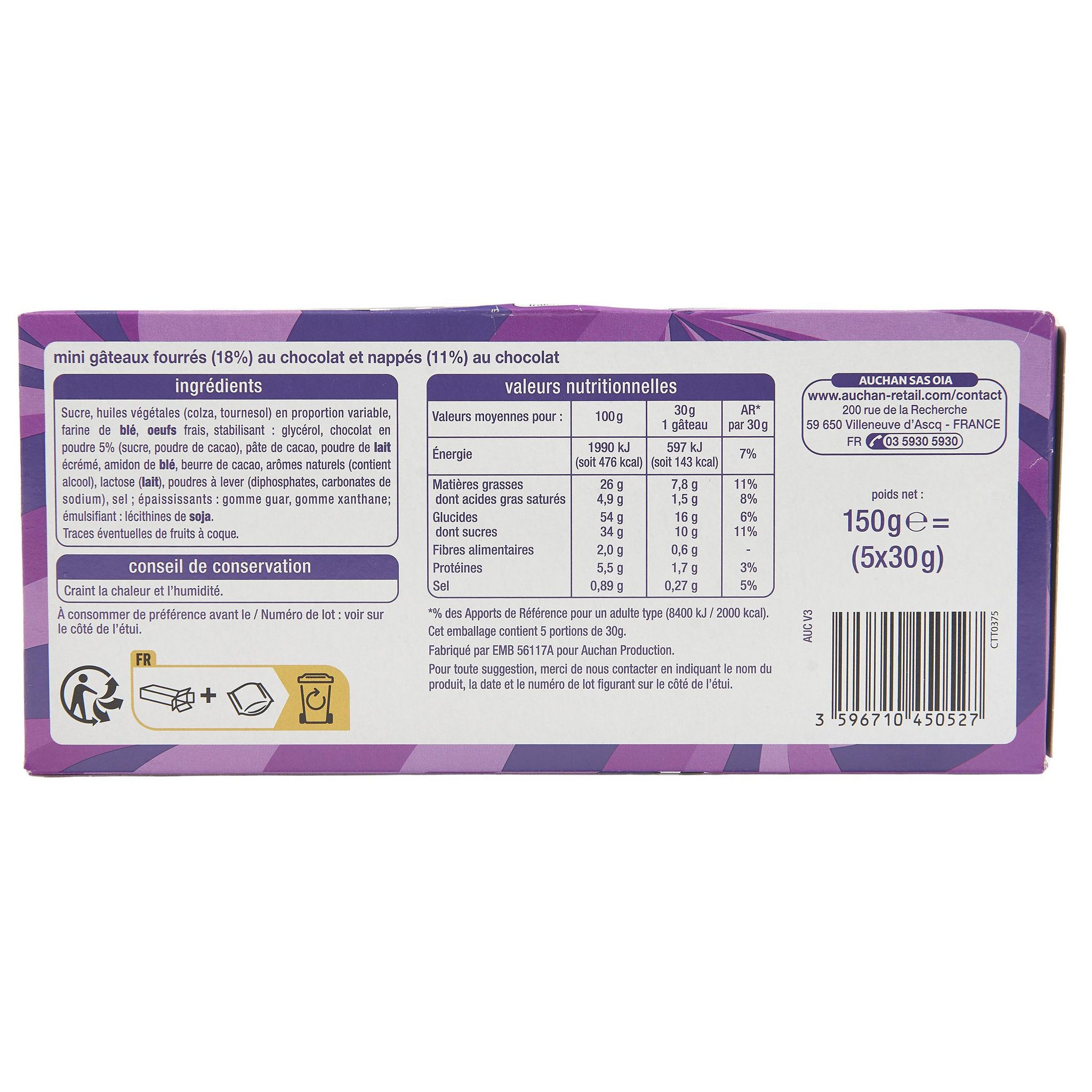 Voir la diapositive 2 : AUCHAN Mini cakes fourrés au chocolat 5 gâteaux 150g