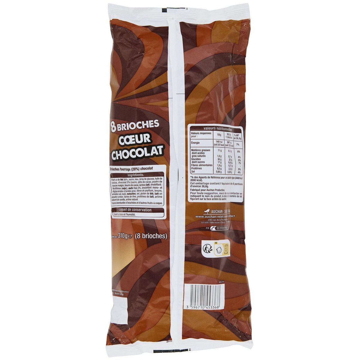 AUCHAN Brioches fourrées au chocolat 8 pièces 310g