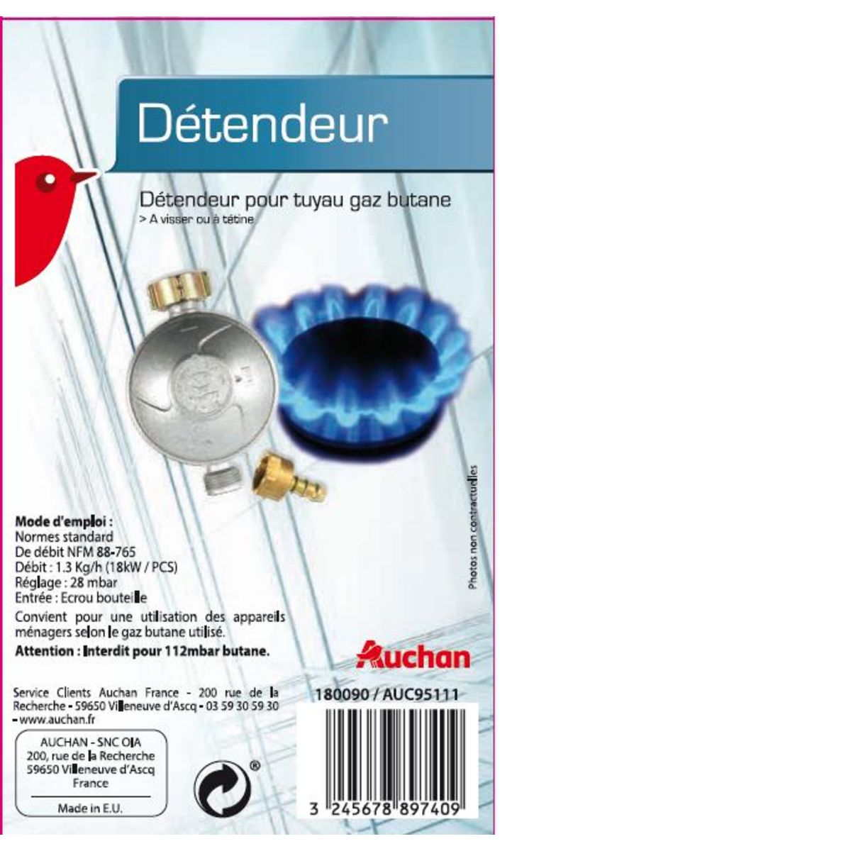 AUCHAN Détendeur pour tuyau de gaz butane