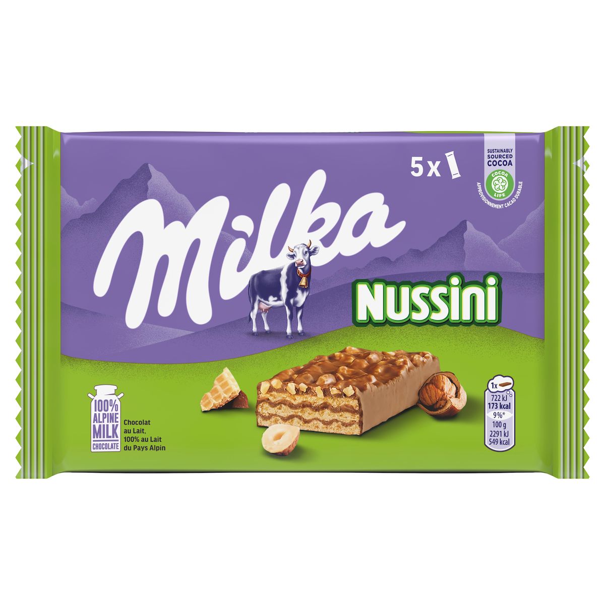 MILKA Nussini barre chocolatée croustillante avec sa gaufrette fourrée de crème 5 barres 155g