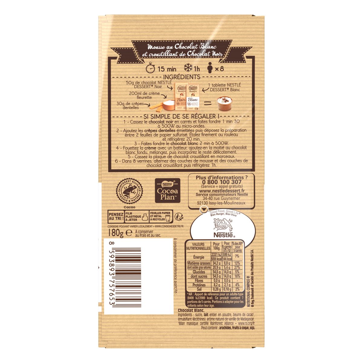 NESTLE DESSERT Tablette de chocolat blanc pâtissier 2 pièces 2x180g