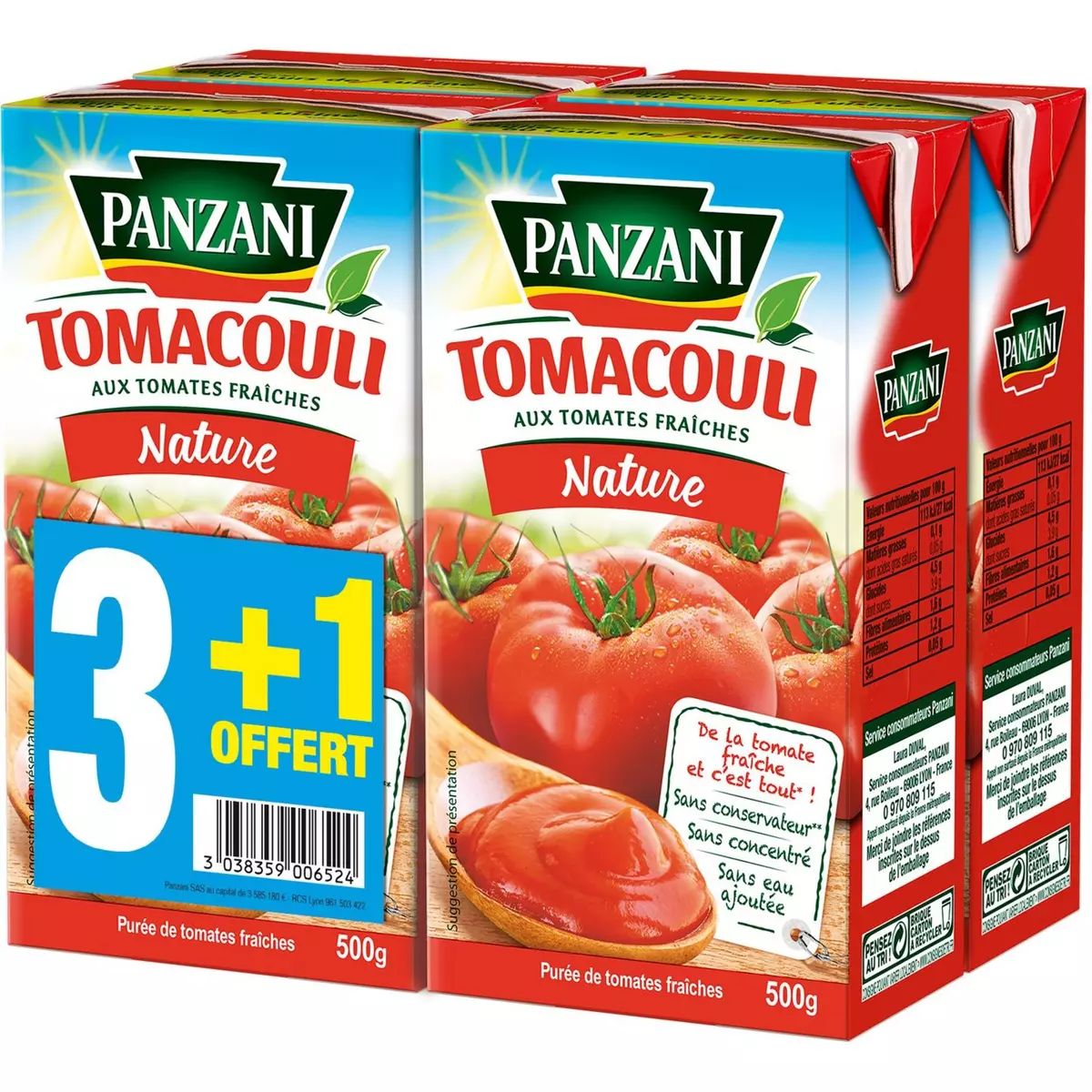 PANZANI Tomacouli purée de tomates fraîches 3x500g +1 offert