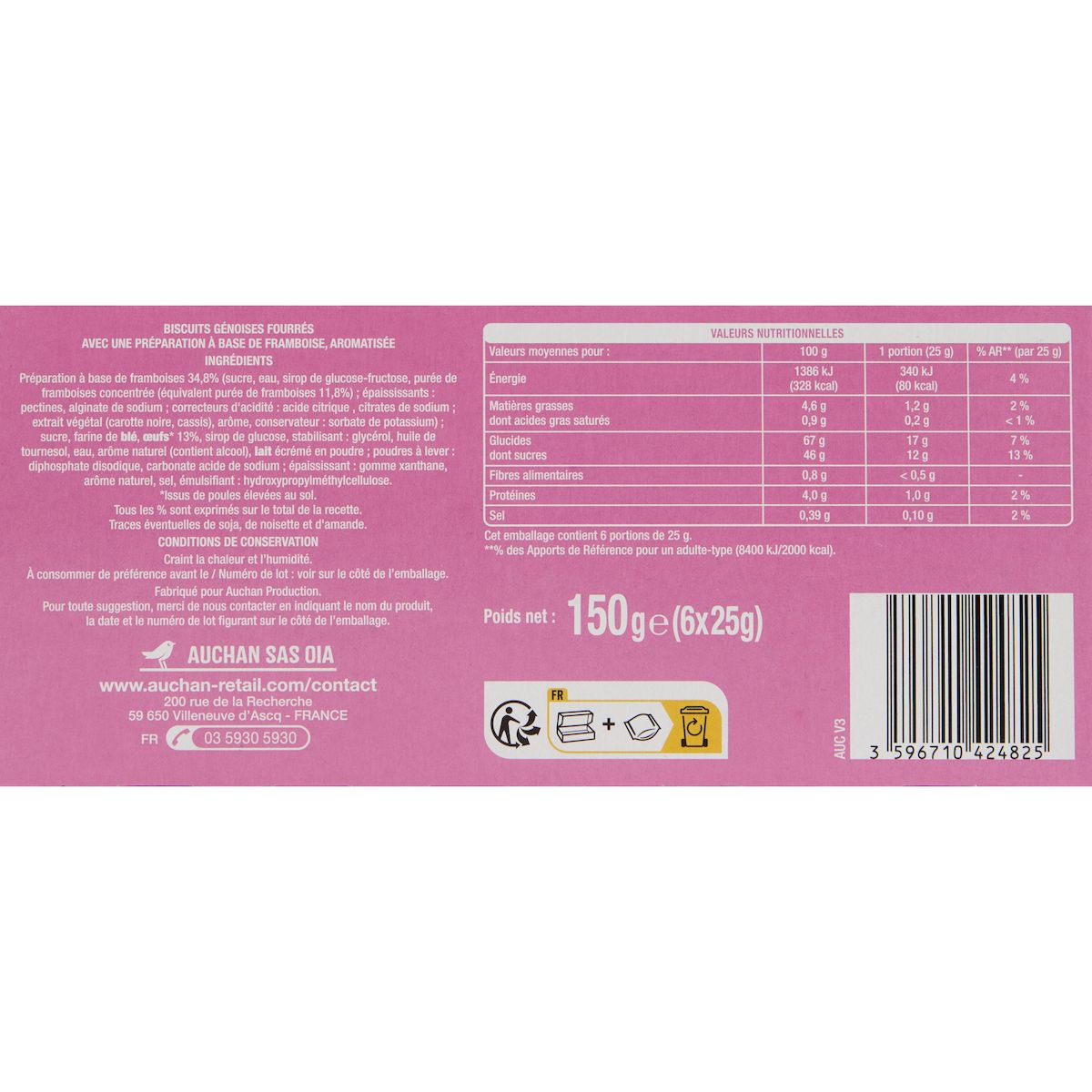 AUCHAN Mini roulés à la framboise sachets individuels 6 gâteaux 150g