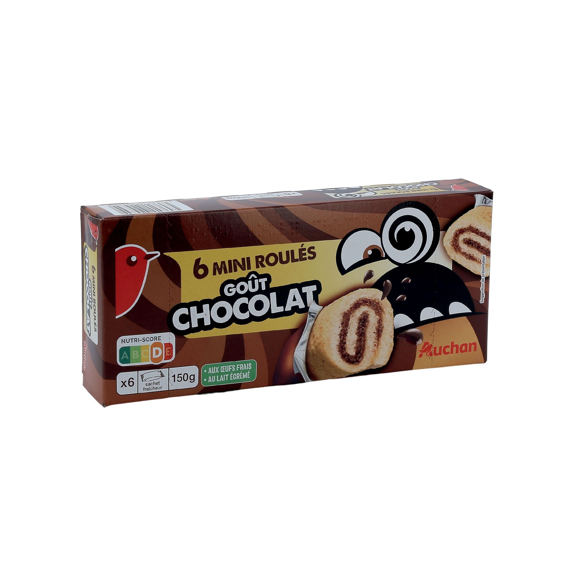 Voir la diapositive 2 : AUCHAN Mini roulés goût chocolat sachets individuels 6 gâteaux 150g