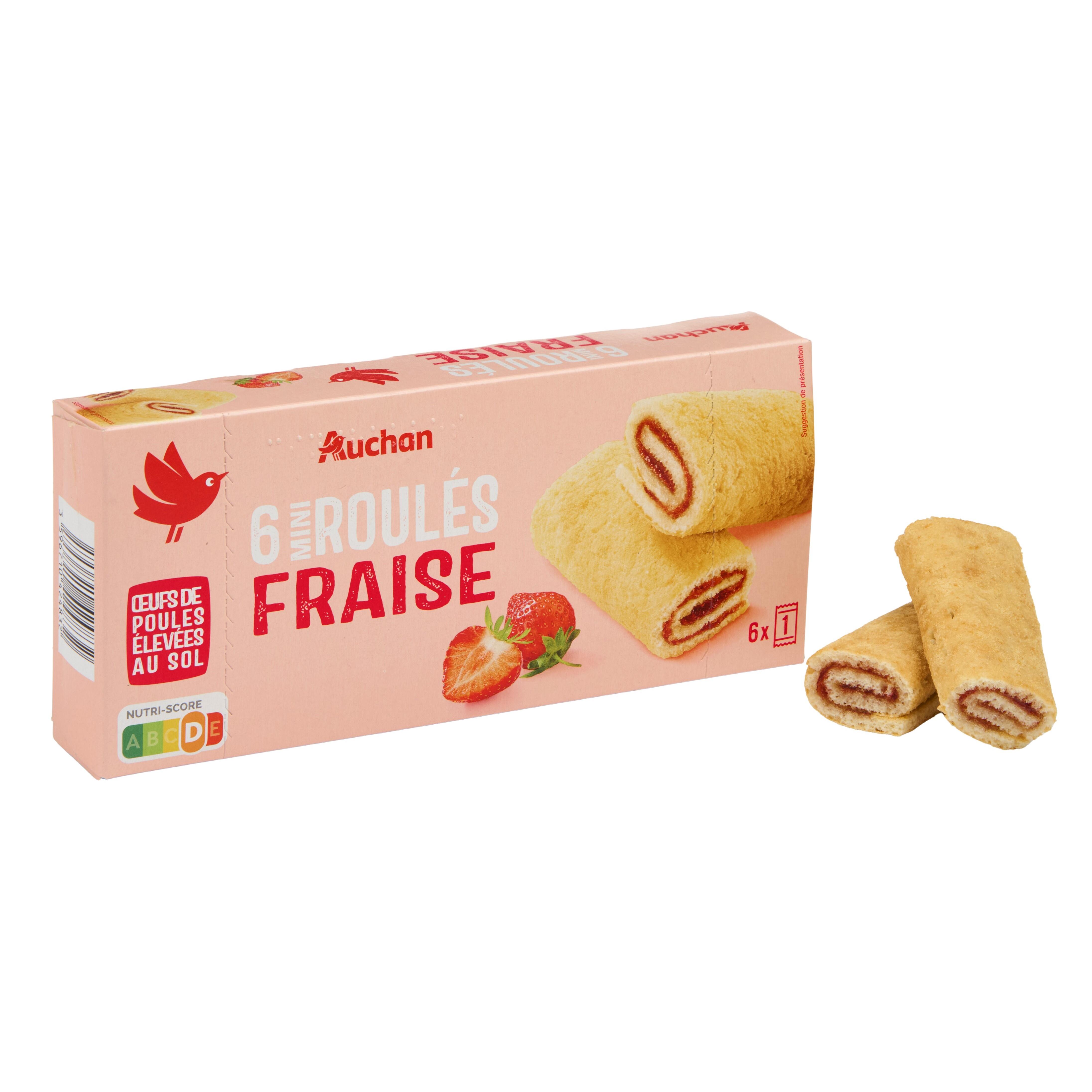Voir la diapositive 2 : AUCHAN Mini roulés fraise sachets individuels 6 gâteaux 150g
