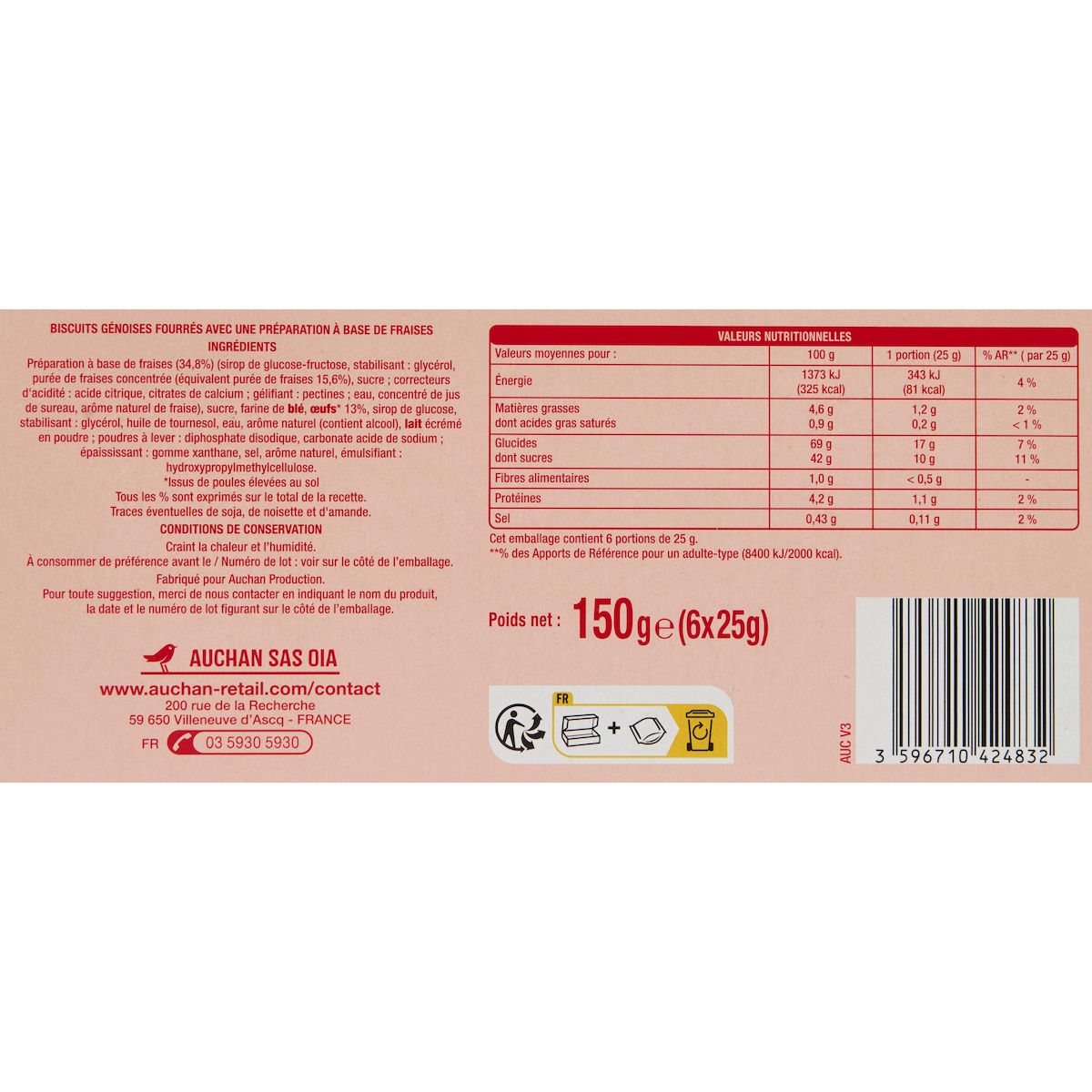 AUCHAN Mini roulés fraise sachets individuels 6 gâteaux 150g