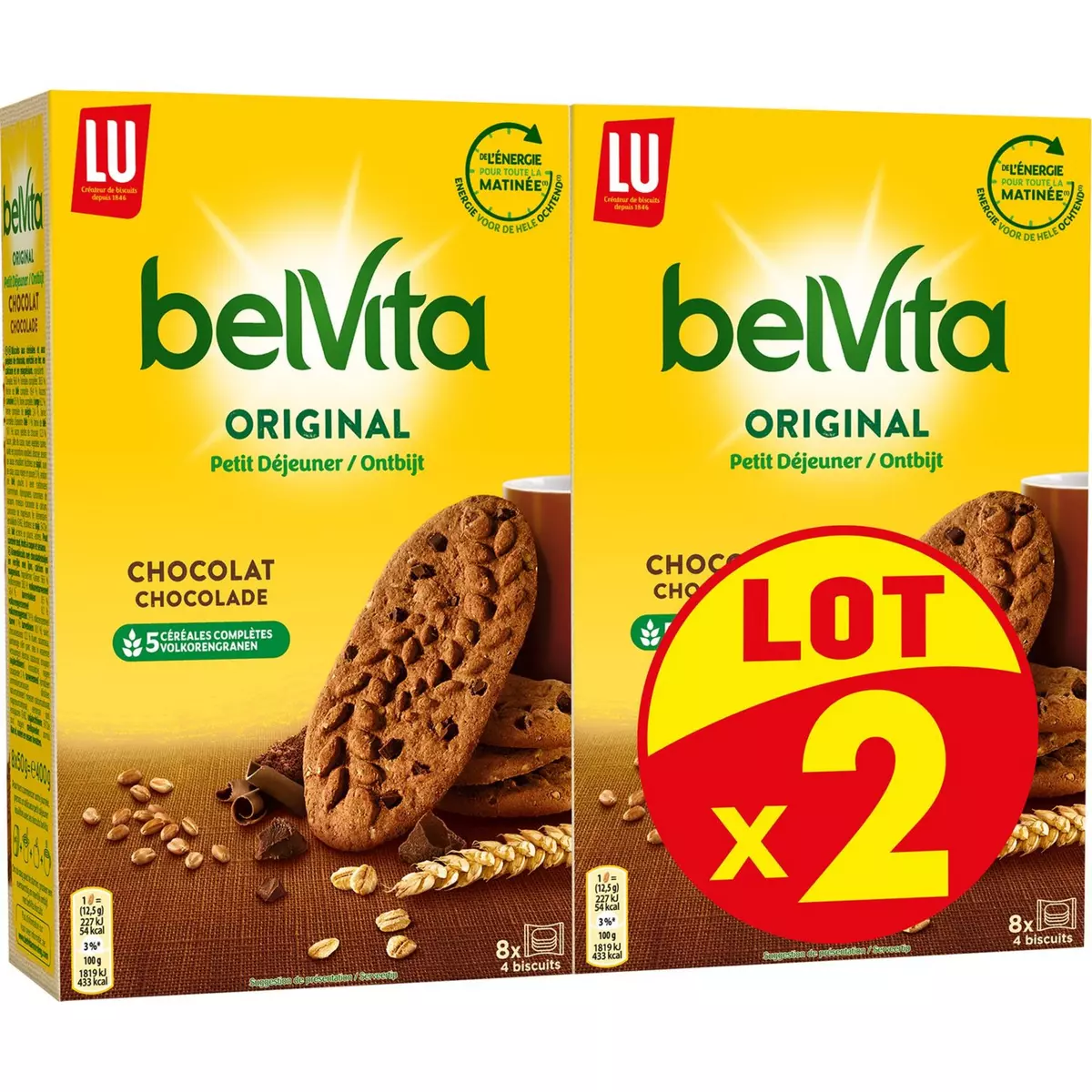 BELVITA Original Biscuits petit-déjeuner au chocolat sachets fraîcheur 2x400g