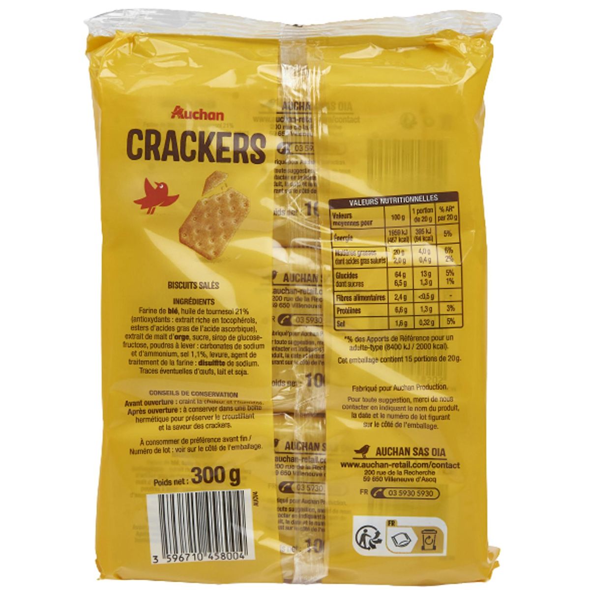 AUCHAN Crackers salés 3 sachets de 100g 300g