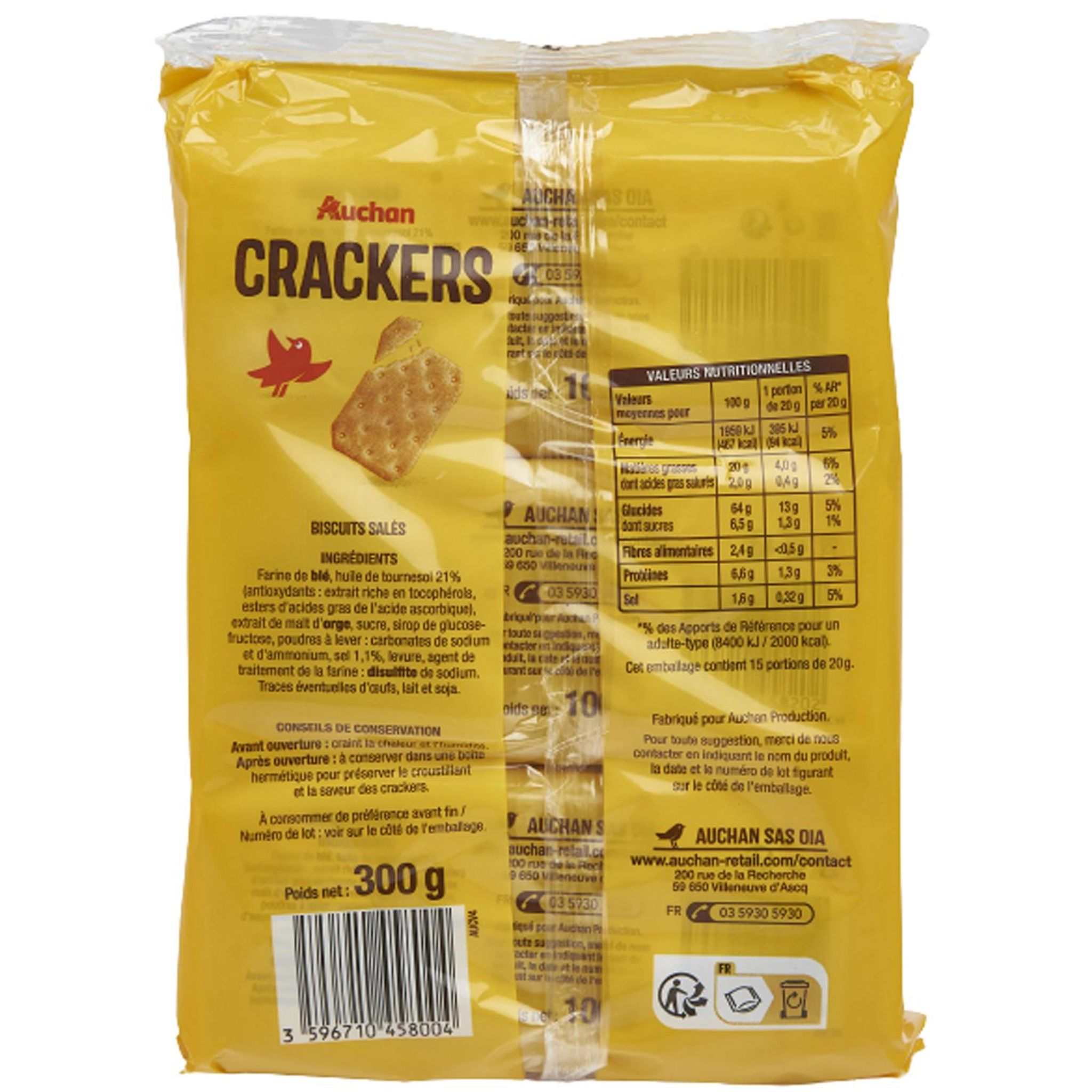 Voir la diapositive 3 : AUCHAN Crackers salés 3 sachets de 100g 300g