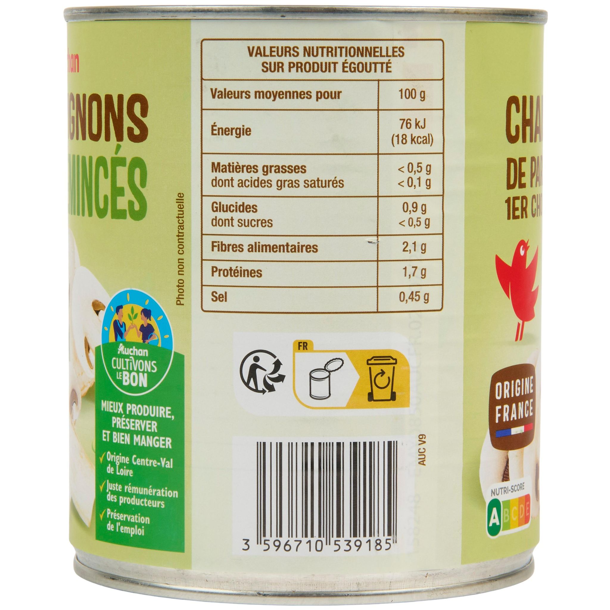 Voir la diapositive 2 : AUCHAN Champignons de Paris émincés 460g