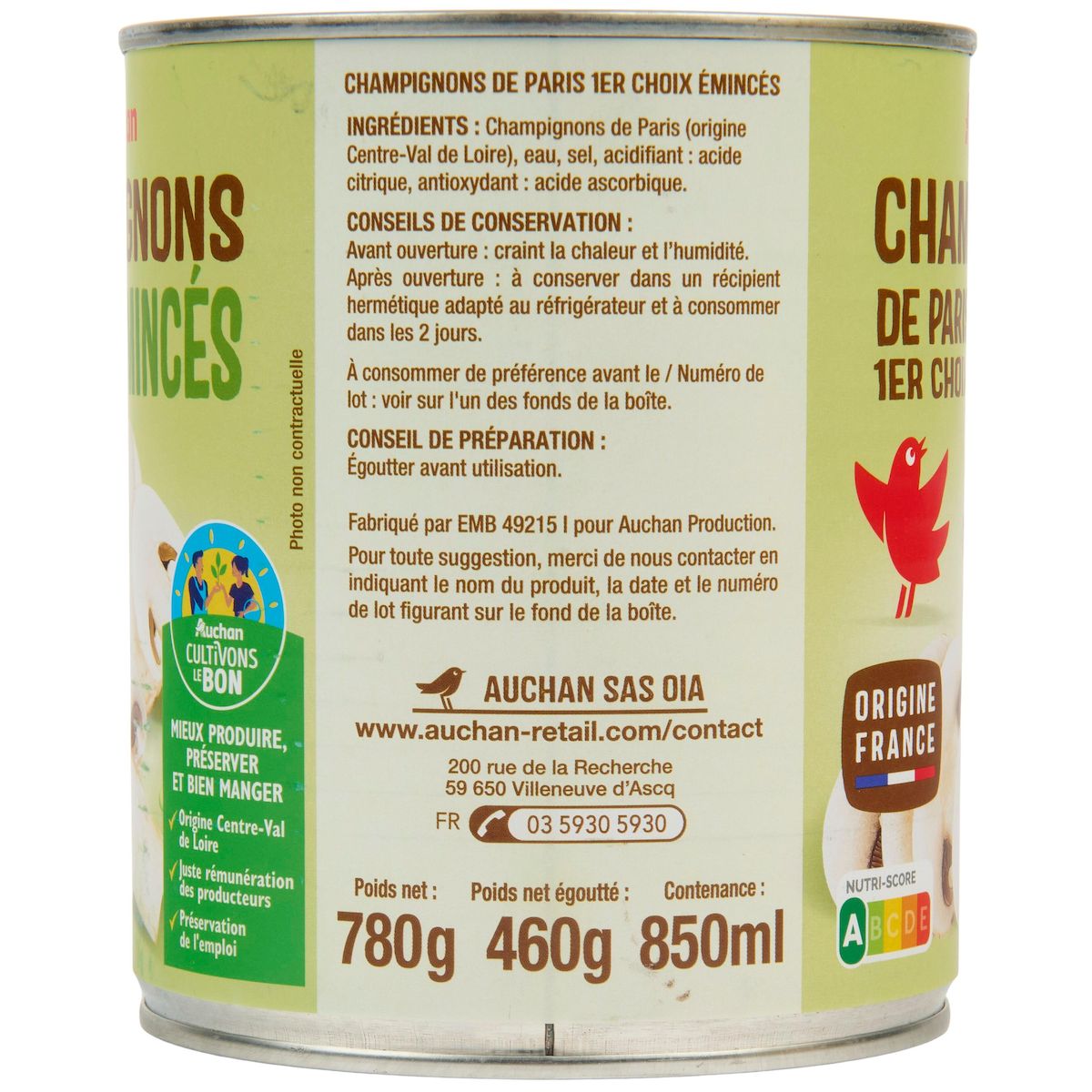 AUCHAN Champignons de Paris émincés 460g