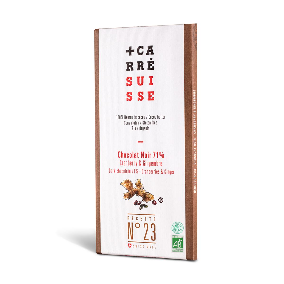 CARRE SUISSE Tablette de chocolat noir 71% cacao bio cranberry et gingembre N°23 1 pièce 100g