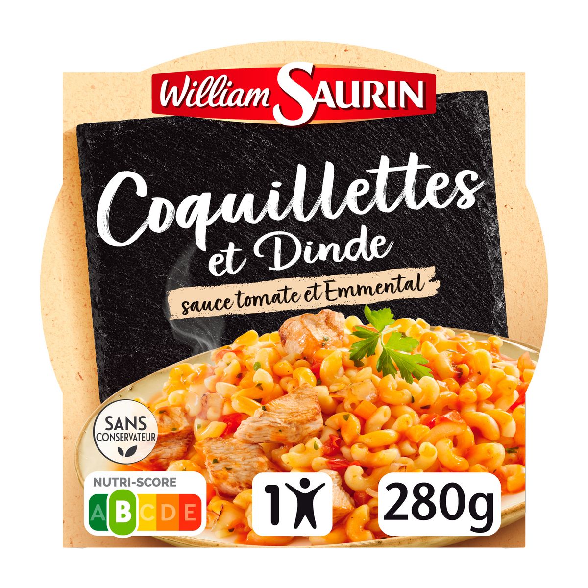 WILLIAM SAURIN Coquillettes et dinde sauce tomate et emmental barquette 1 portion 280g