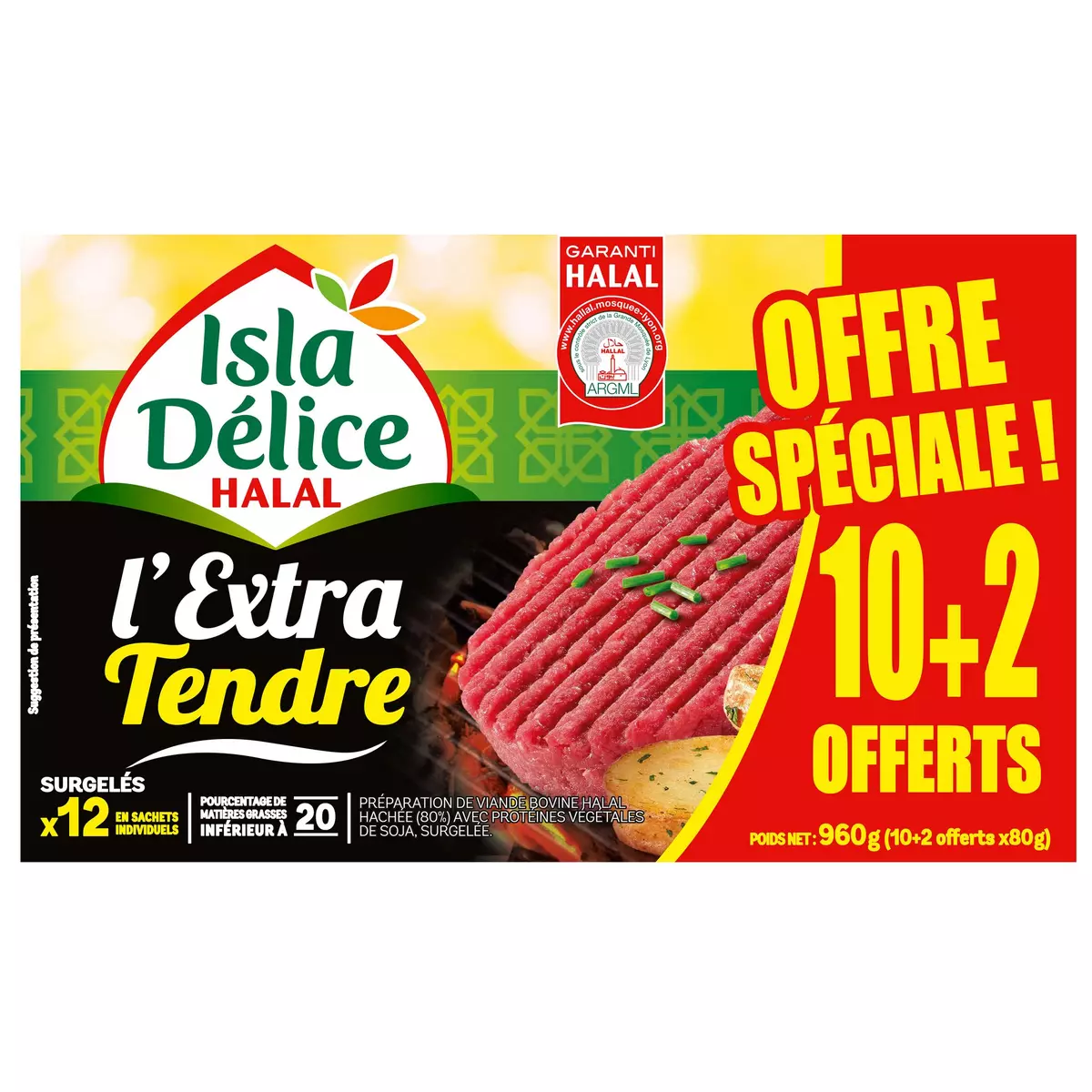 ISLA DELICE Steak haché extra tendre halal 10 pcs + 2 offertes 960g