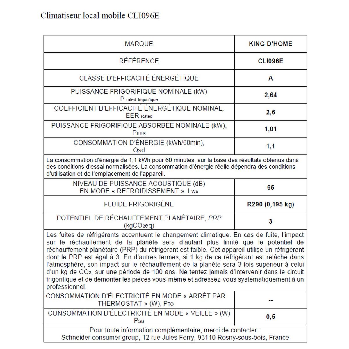 KING D'HOME Climatiseur mobile électronique CLI096E, Classe énergétique A - Blanc