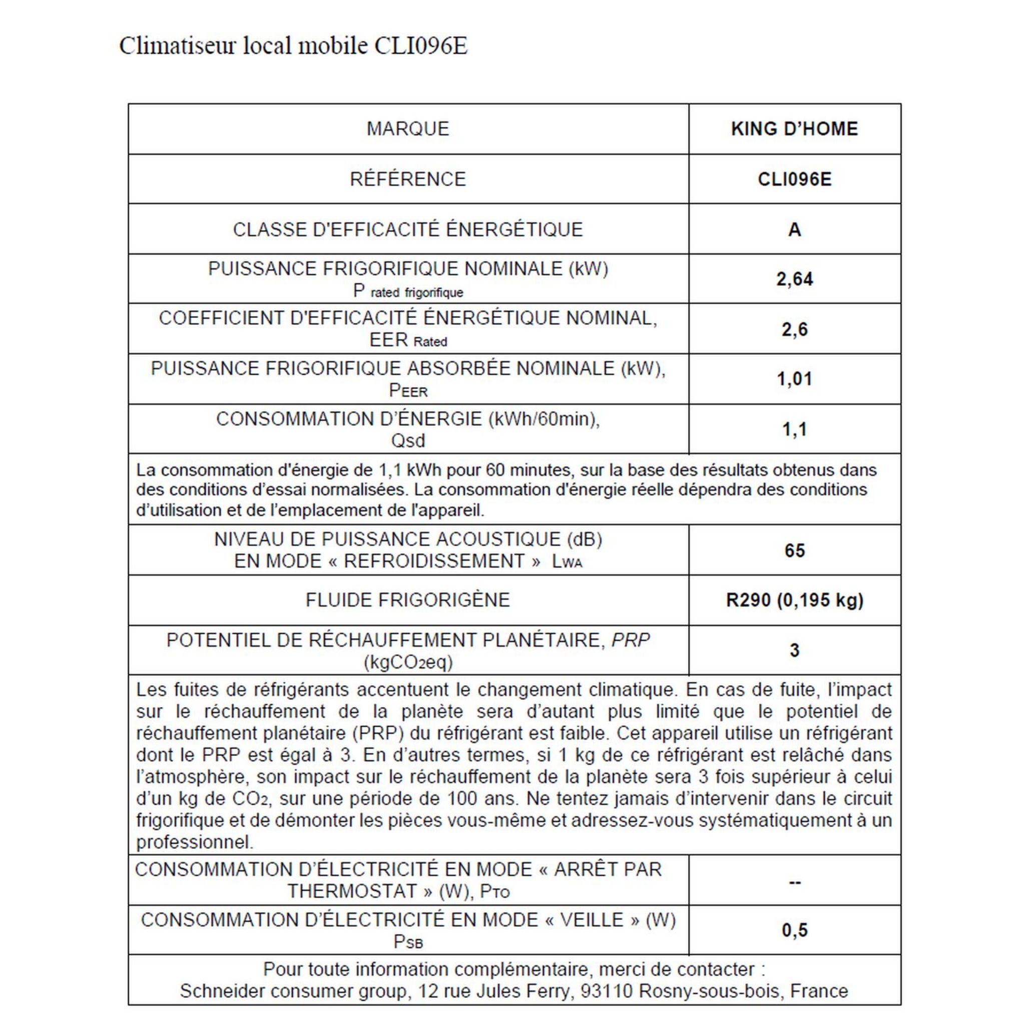 Voir la diapositive 2 : KING D'HOME Climatiseur mobile électronique CLI096E, Classe énergétique A - Blanc