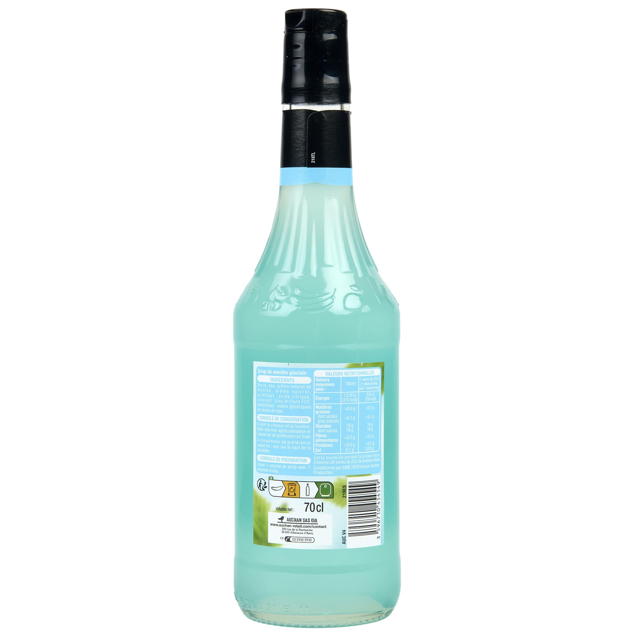 Voir la diapositive 3 : AUCHAN Sirop de menthe glaciale bouteille verre 70cl