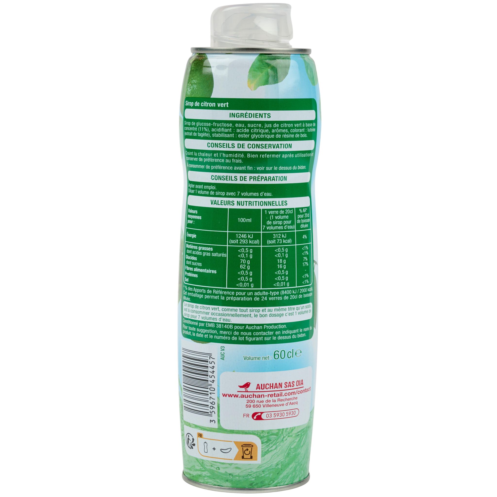 Voir la diapositive 3 : AUCHAN Sirop citron vert bidon métal 60cl