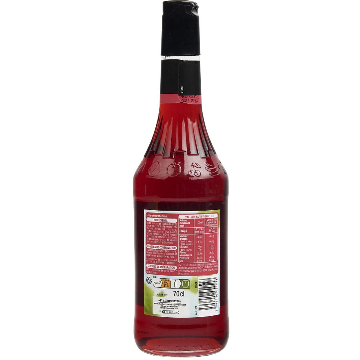 AUCHAN Sirop de grenadine bouteille verre 70cl