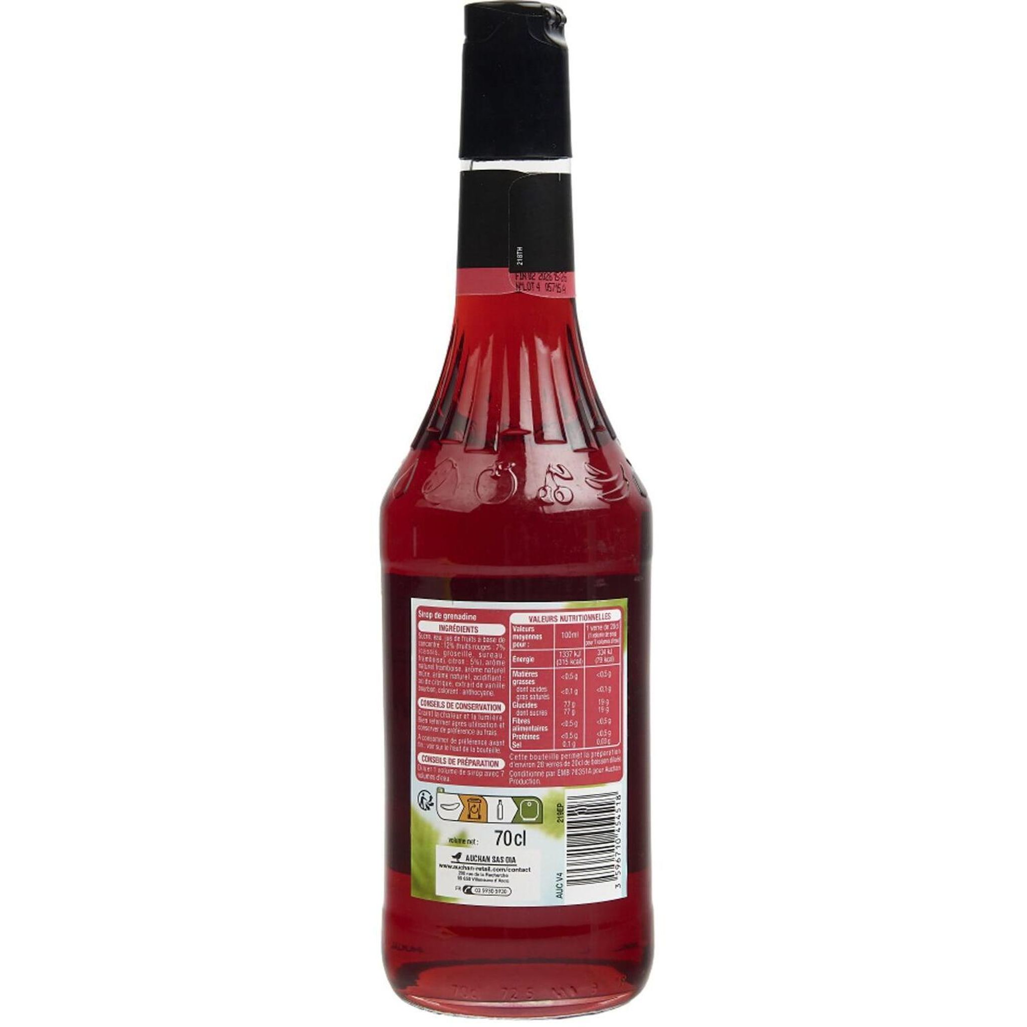 Voir la diapositive 3 : AUCHAN Sirop de grenadine bouteille verre 70cl