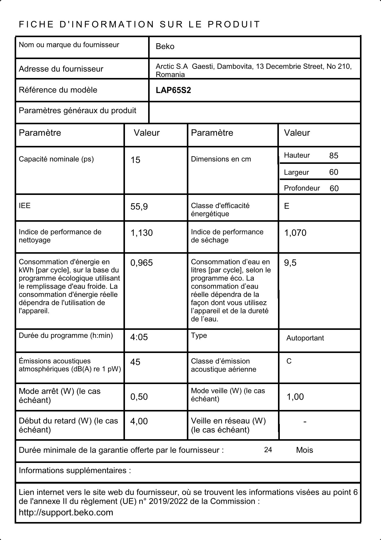 Voir la diapositive 2 : BEKO Lave-vaisselle pose libre LAP65S2, 15 couverts, 60 cm, 45 dB