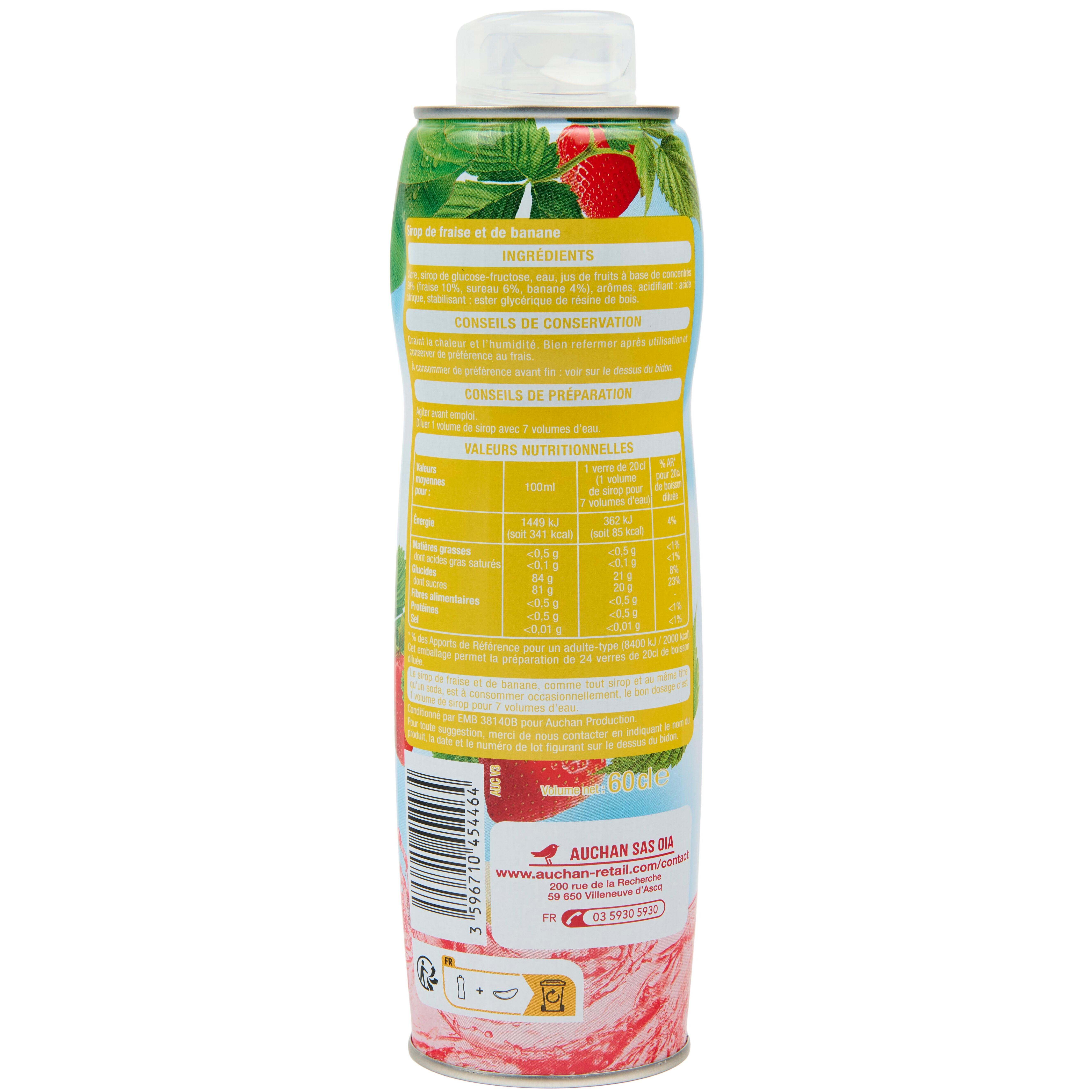 Voir la diapositive 2 : AUCHAN Sirop de fraise banane bidon métal 60cl