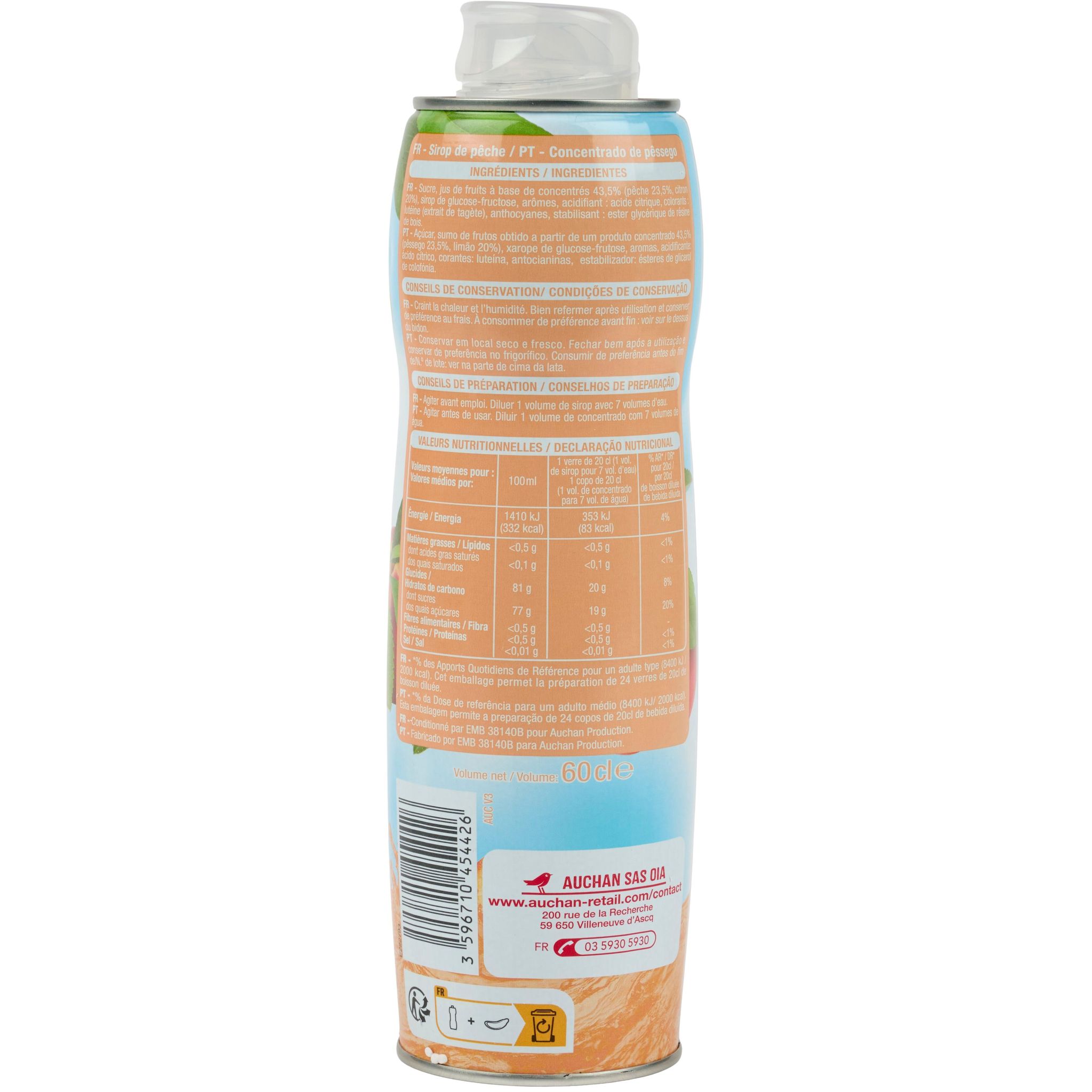 Voir la diapositive 3 : AUCHAN Sirop de pêche bidon métal 60cl