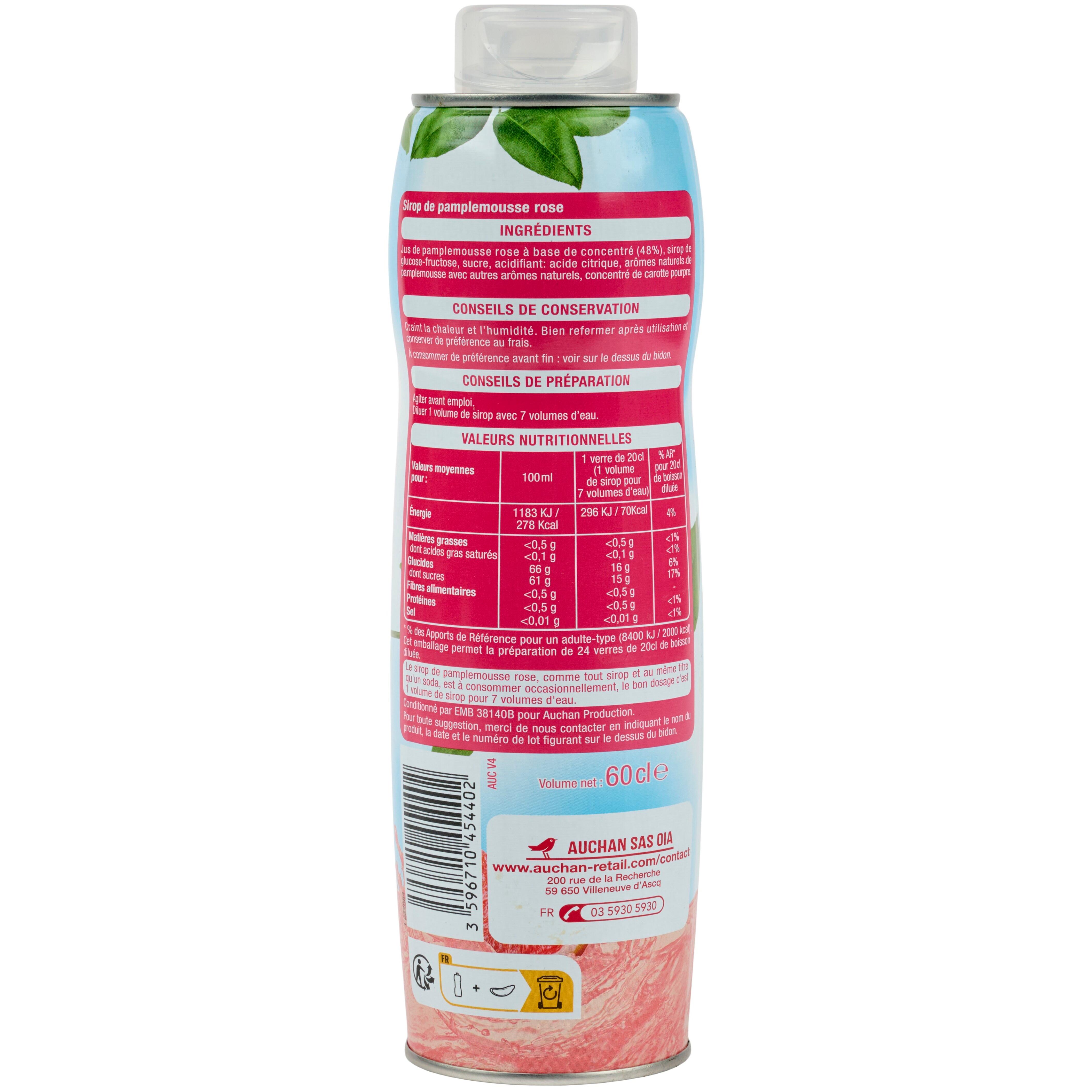 Voir la diapositive 3 : AUCHAN Sirop de pamplemousse rosé bidon métal 60cl