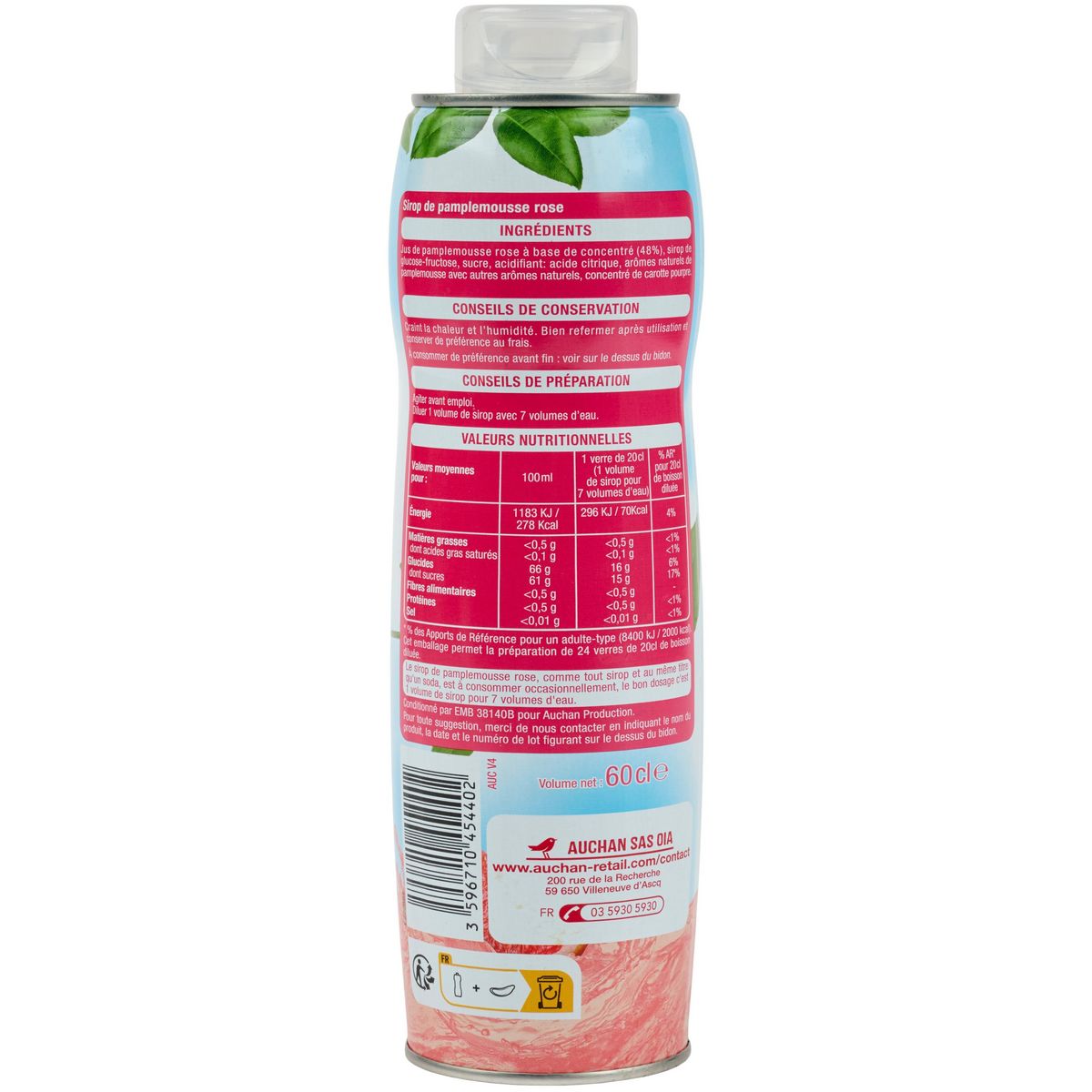 AUCHAN Sirop de pamplemousse rosé bidon métal 60cl