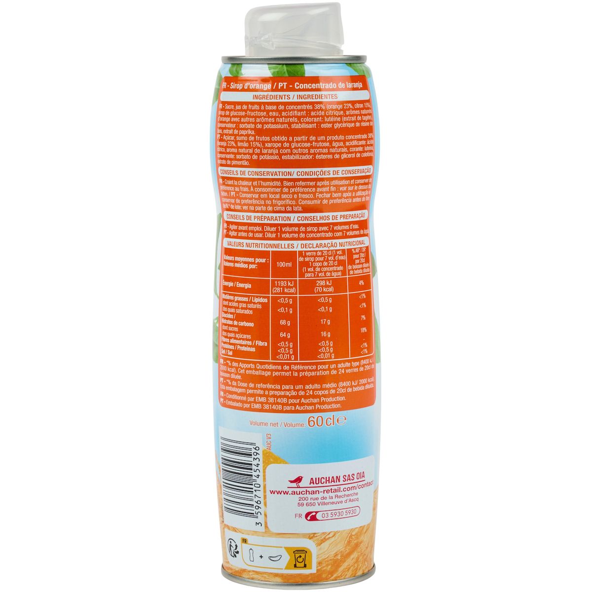 AUCHAN Sirop d'orange bidon métal 60cl