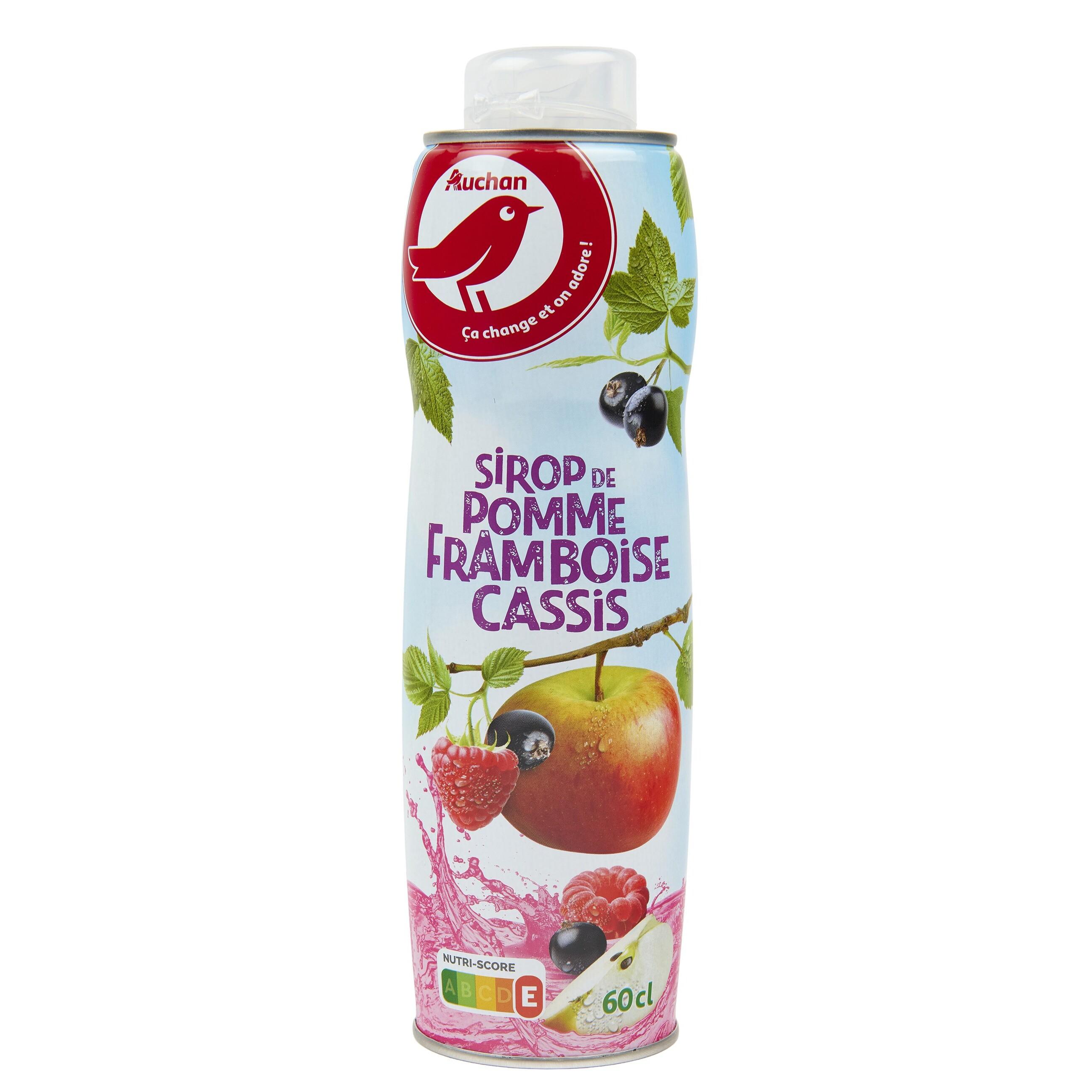 Voir la diapositive 2 : AUCHAN Sirop de pomme cassis framboise bidon métal 60cl