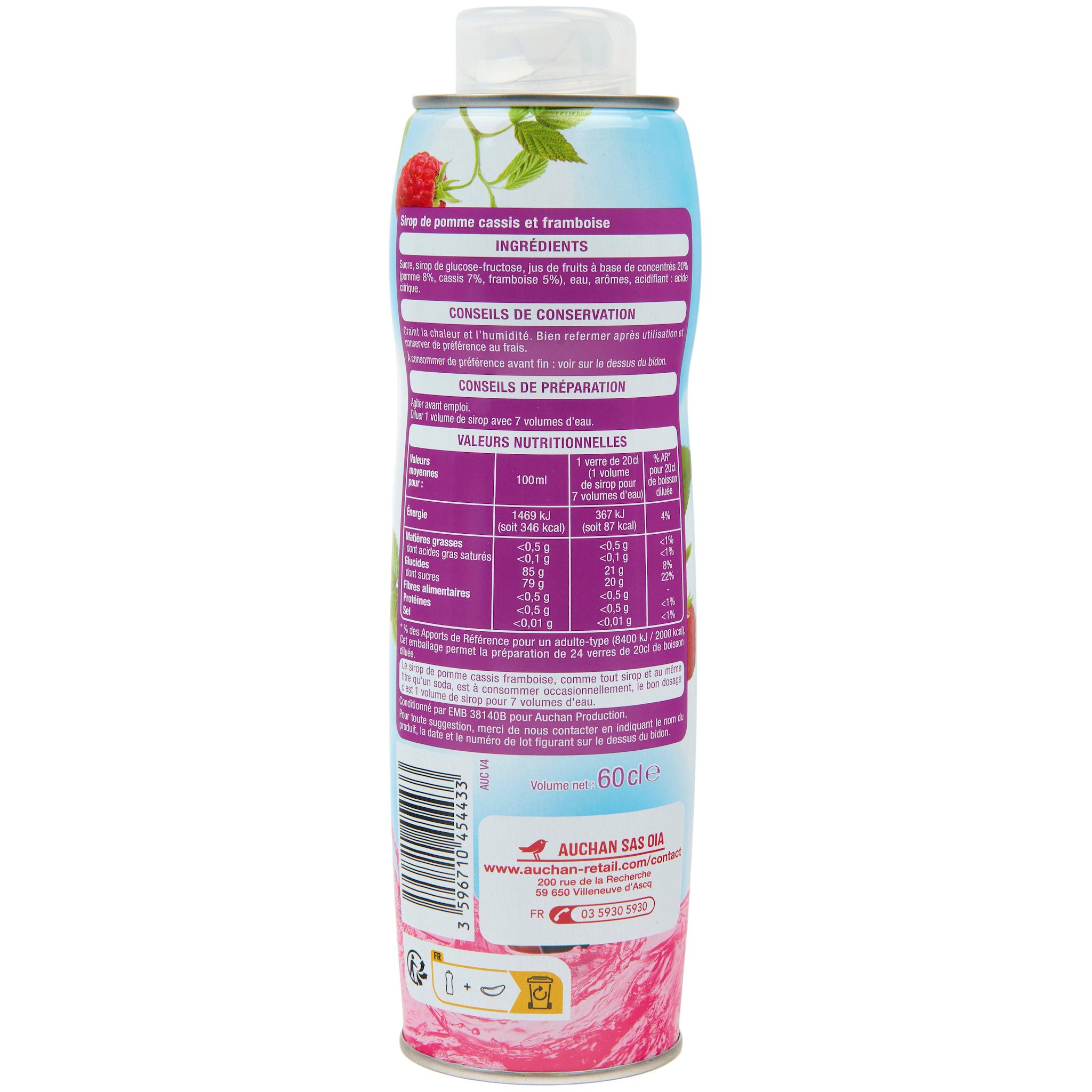 Voir la diapositive 2 : AUCHAN Sirop de pomme cassis framboise bidon métal 60cl