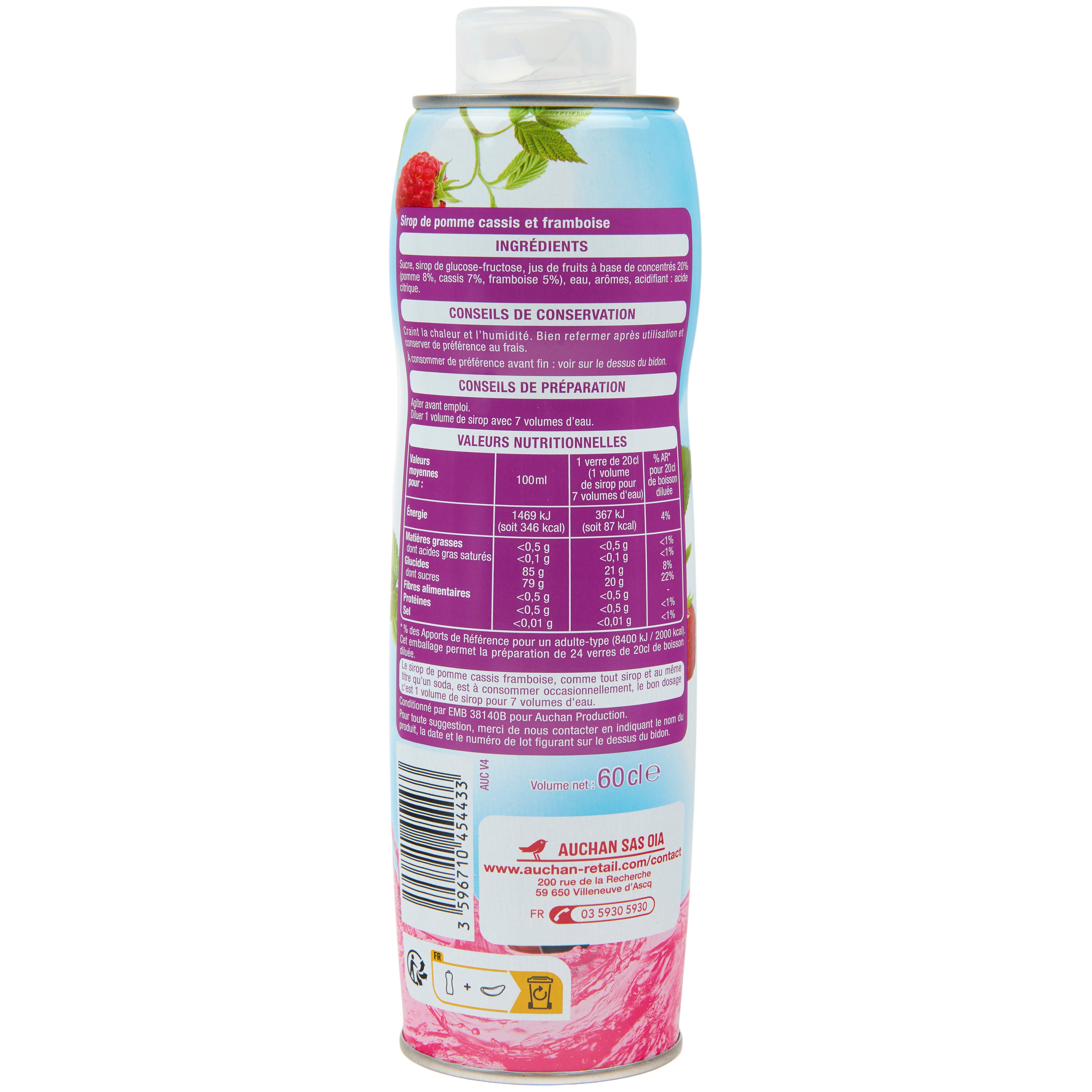 Voir la diapositive 3 : AUCHAN Sirop de pomme cassis framboise bidon métal 60cl
