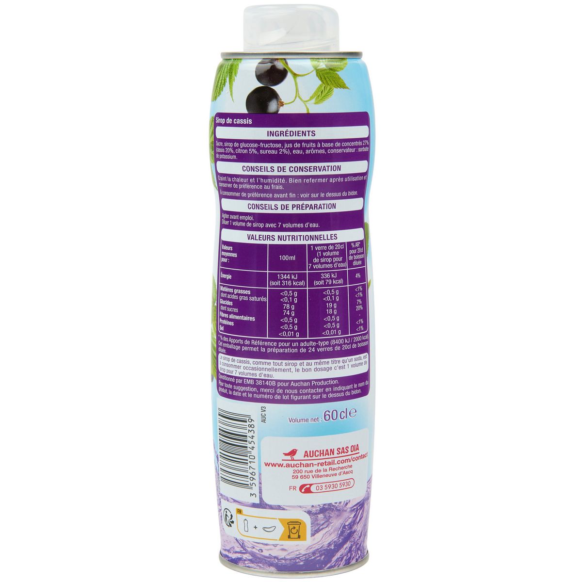 AUCHAN Sirop de cassis bidon métal 60cl