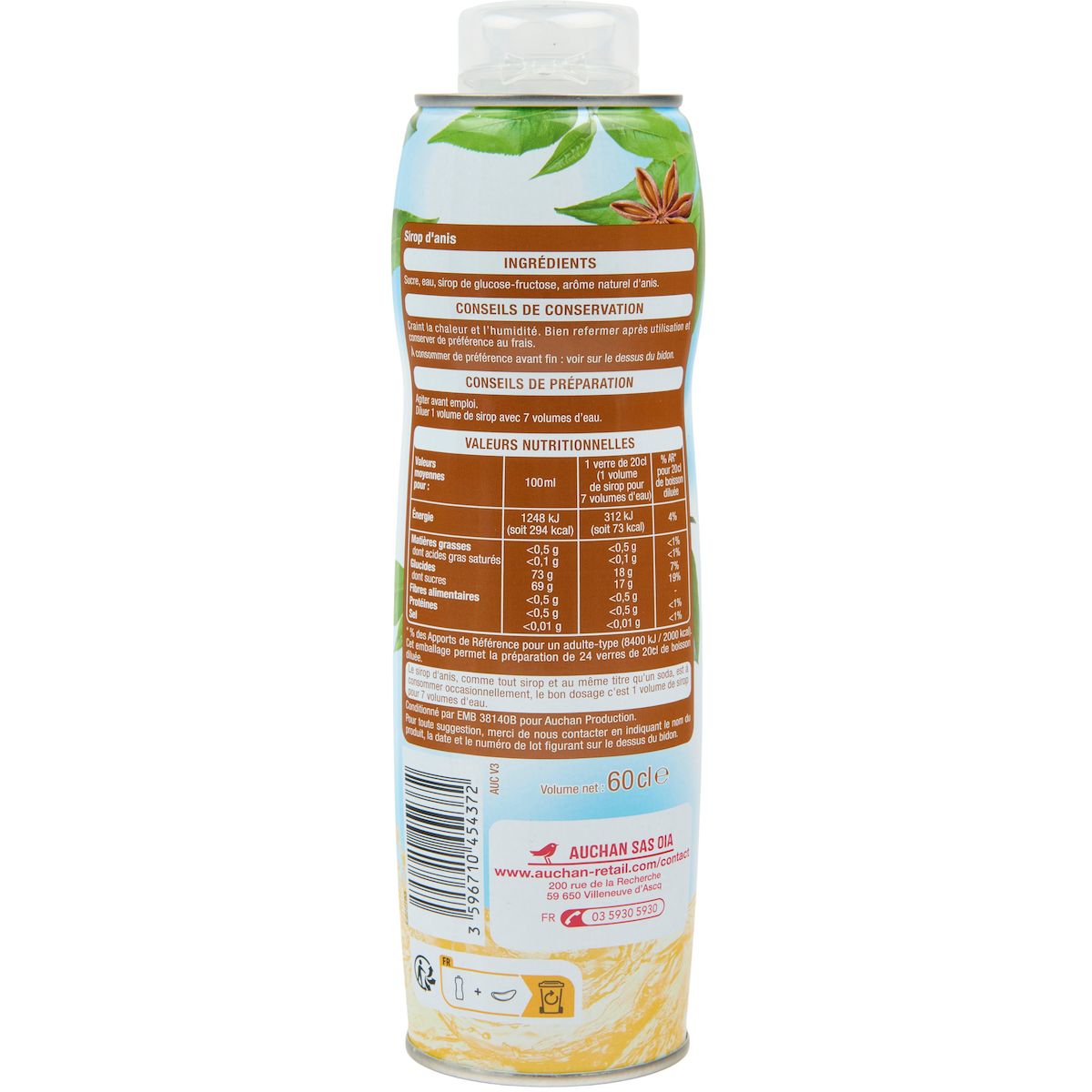 AUCHAN Sirop d'anis bidon métal 60cl
