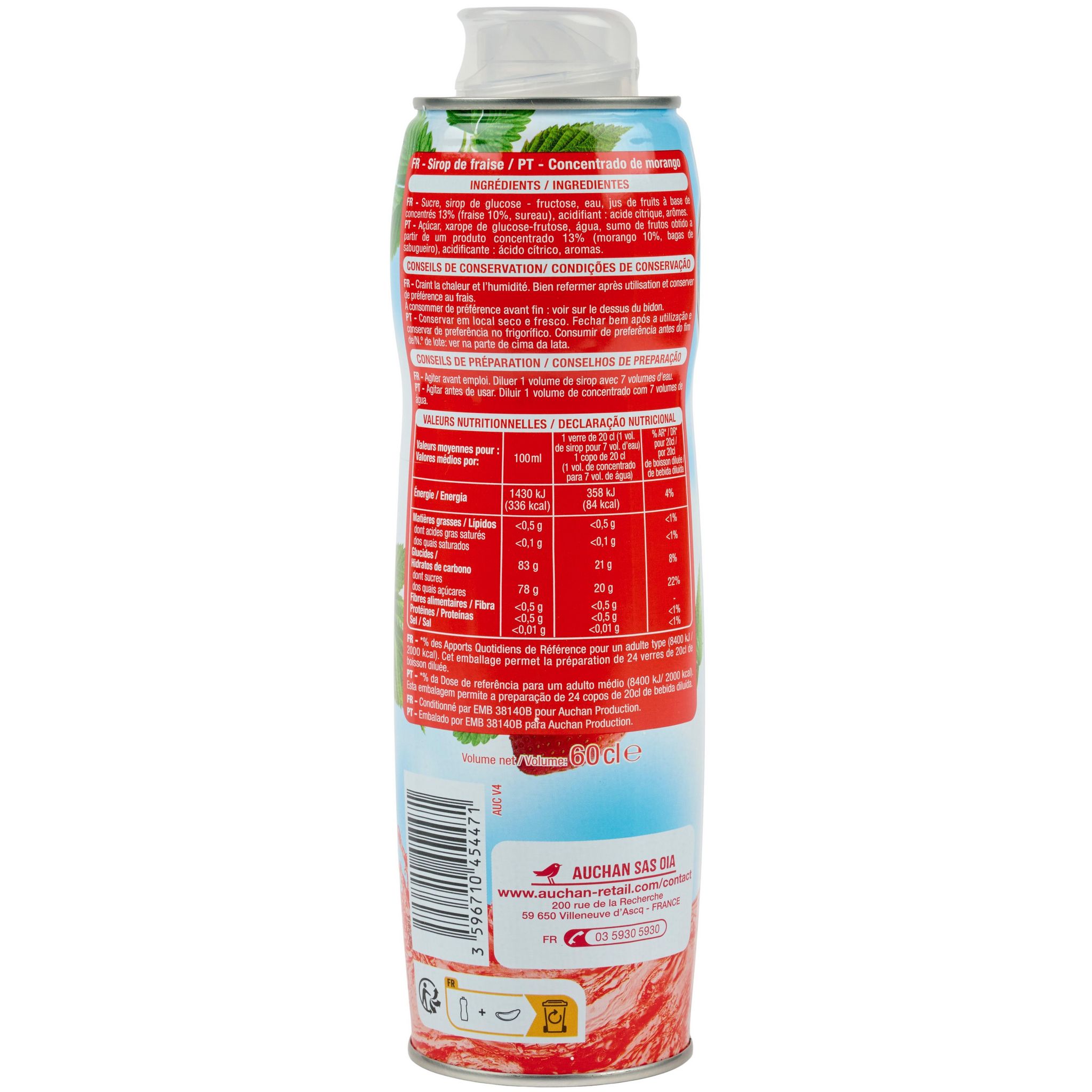 Voir la diapositive 3 : AUCHAN Sirop de fraise bidon métal 60cl