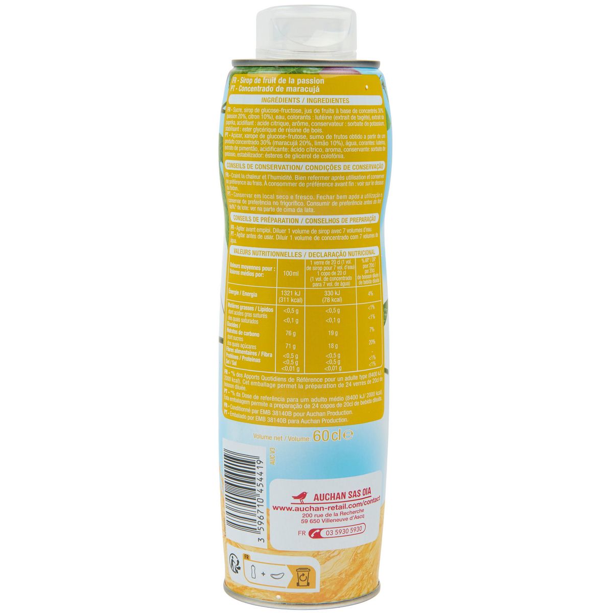 AUCHAN Sirop passion bidon métal 60cl
