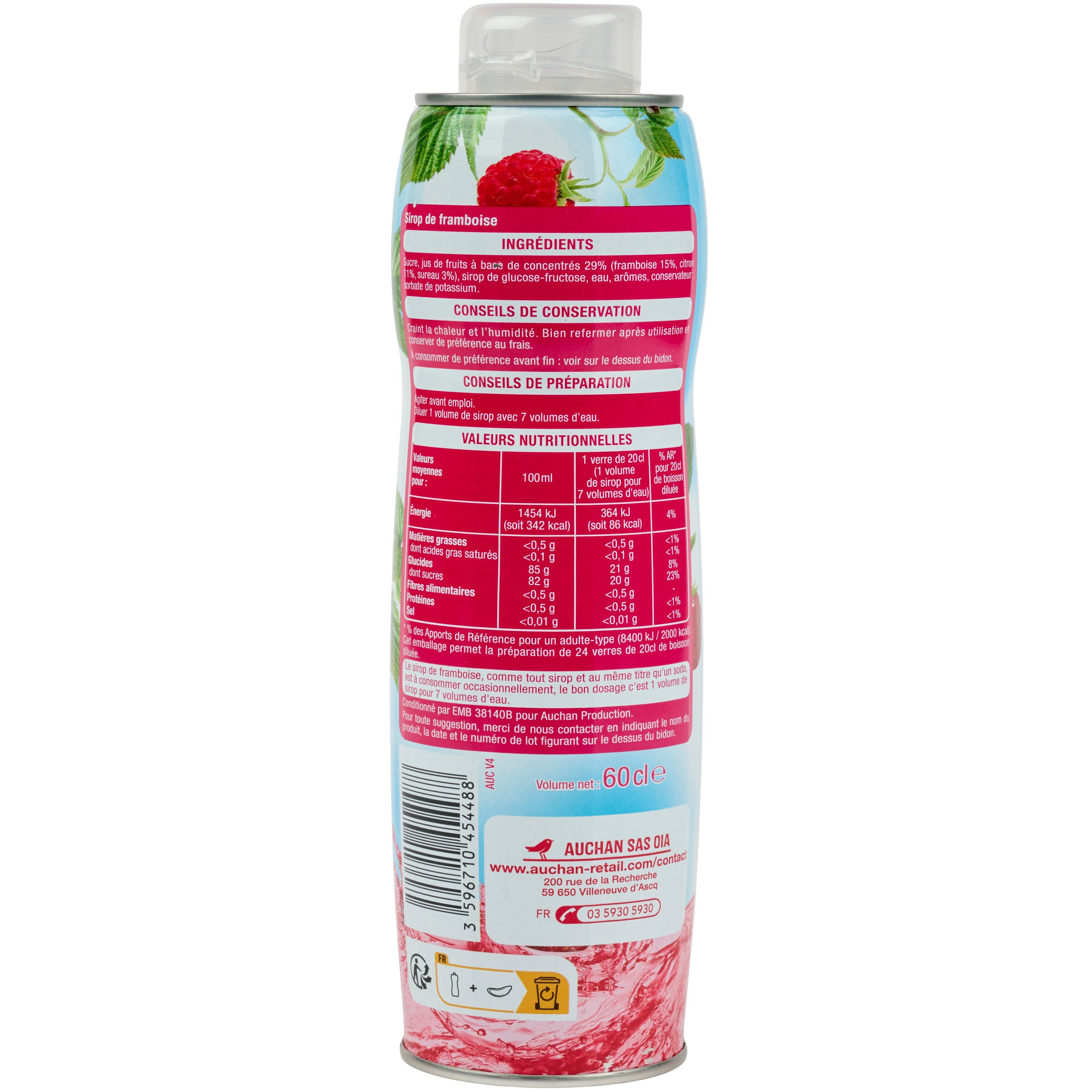 Voir la diapositive 2 : AUCHAN Sirop de framboise bidon métal 60cl