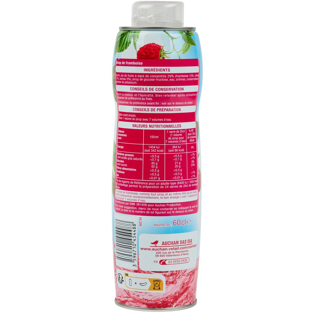 AUCHAN Sirop de framboise bidon métal 60cl