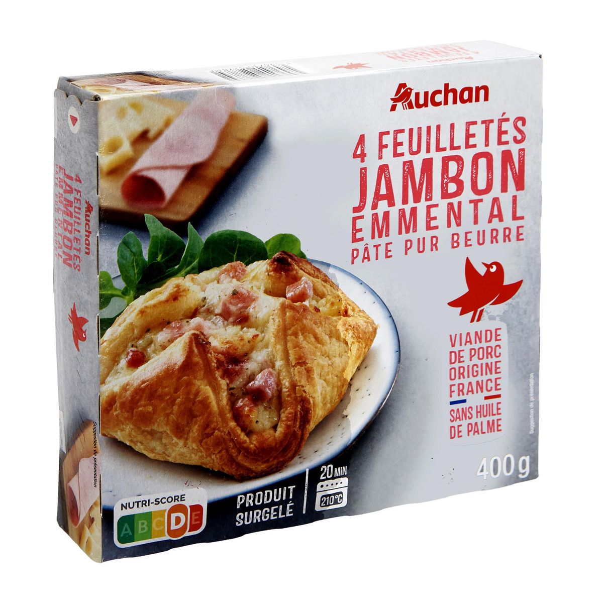 AUCHAN Feuilleté au jambon et à l'emmental 4 pièces 400g