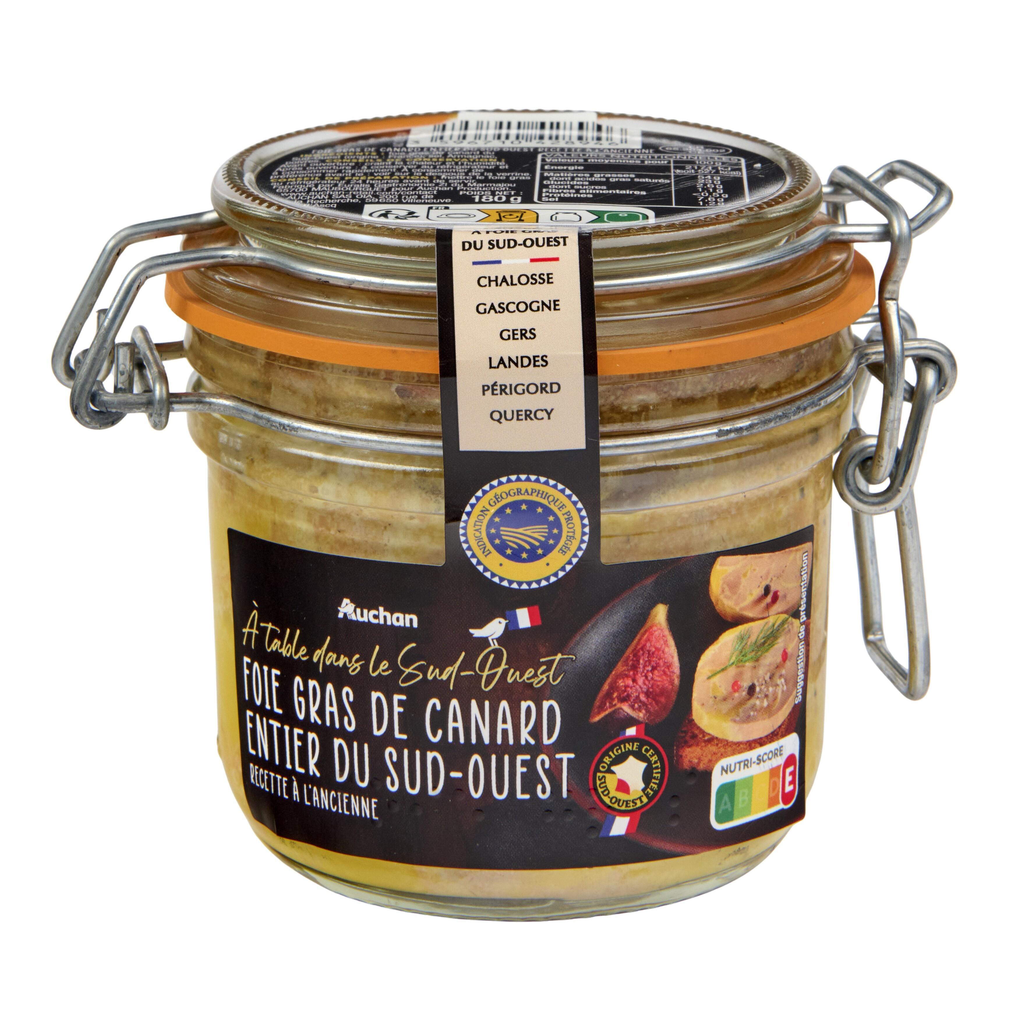 Voir la diapositive 2 : AUCHAN TERROIR Foie gras de canard entier A table dans le Sud-Ouest 4-5 parts 180g
