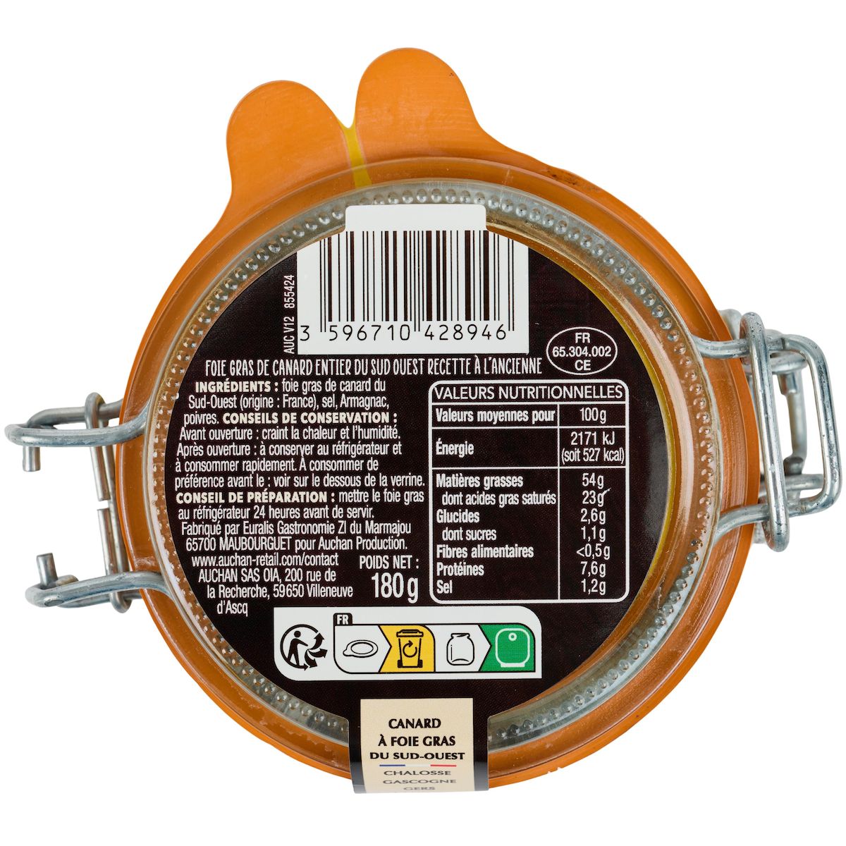 AUCHAN TERROIR Foie gras de canard entier A table dans le Sud-Ouest 4-5 parts 180g