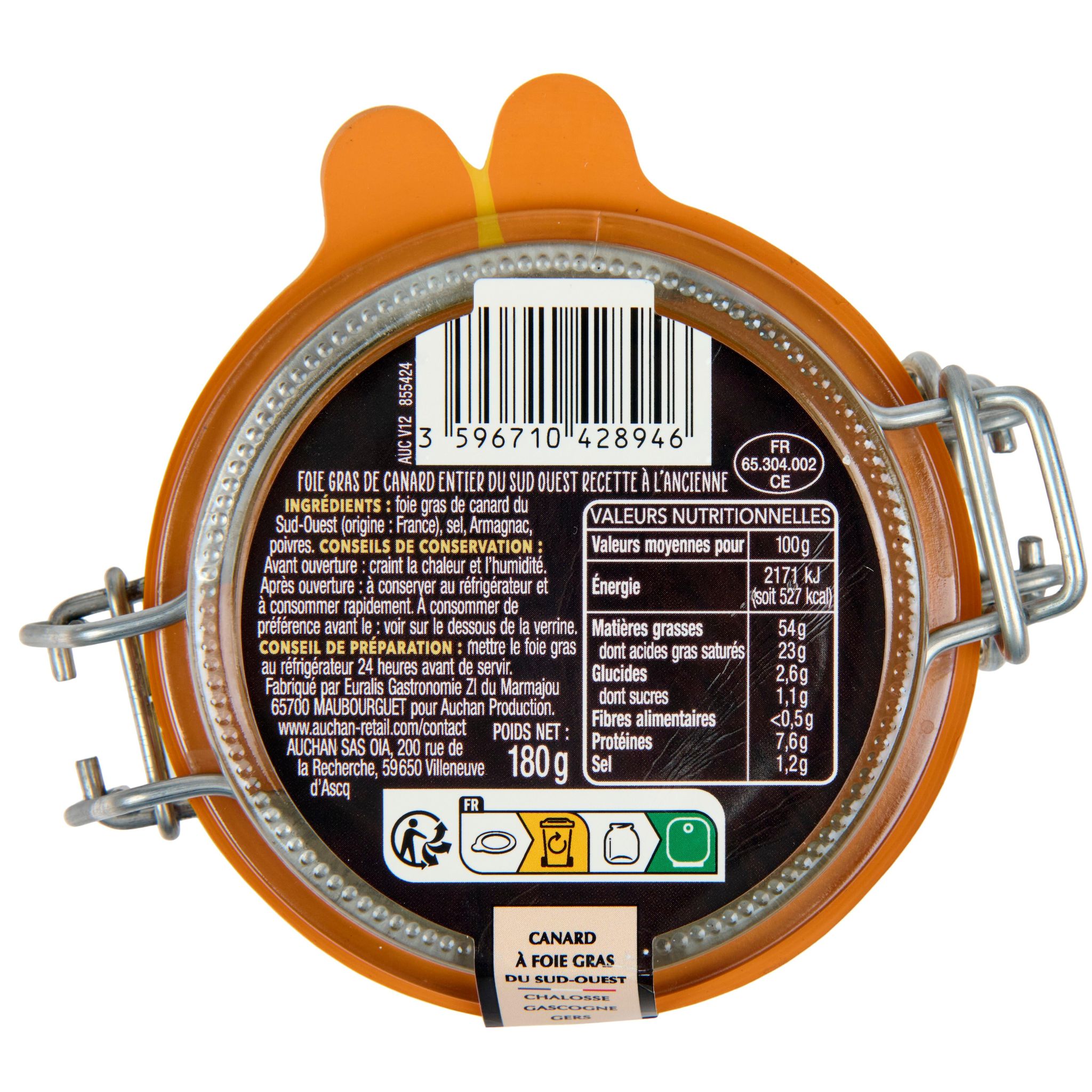 Voir la diapositive 2 : AUCHAN TERROIR Foie gras de canard entier A table dans le Sud-Ouest 4-5 parts 180g